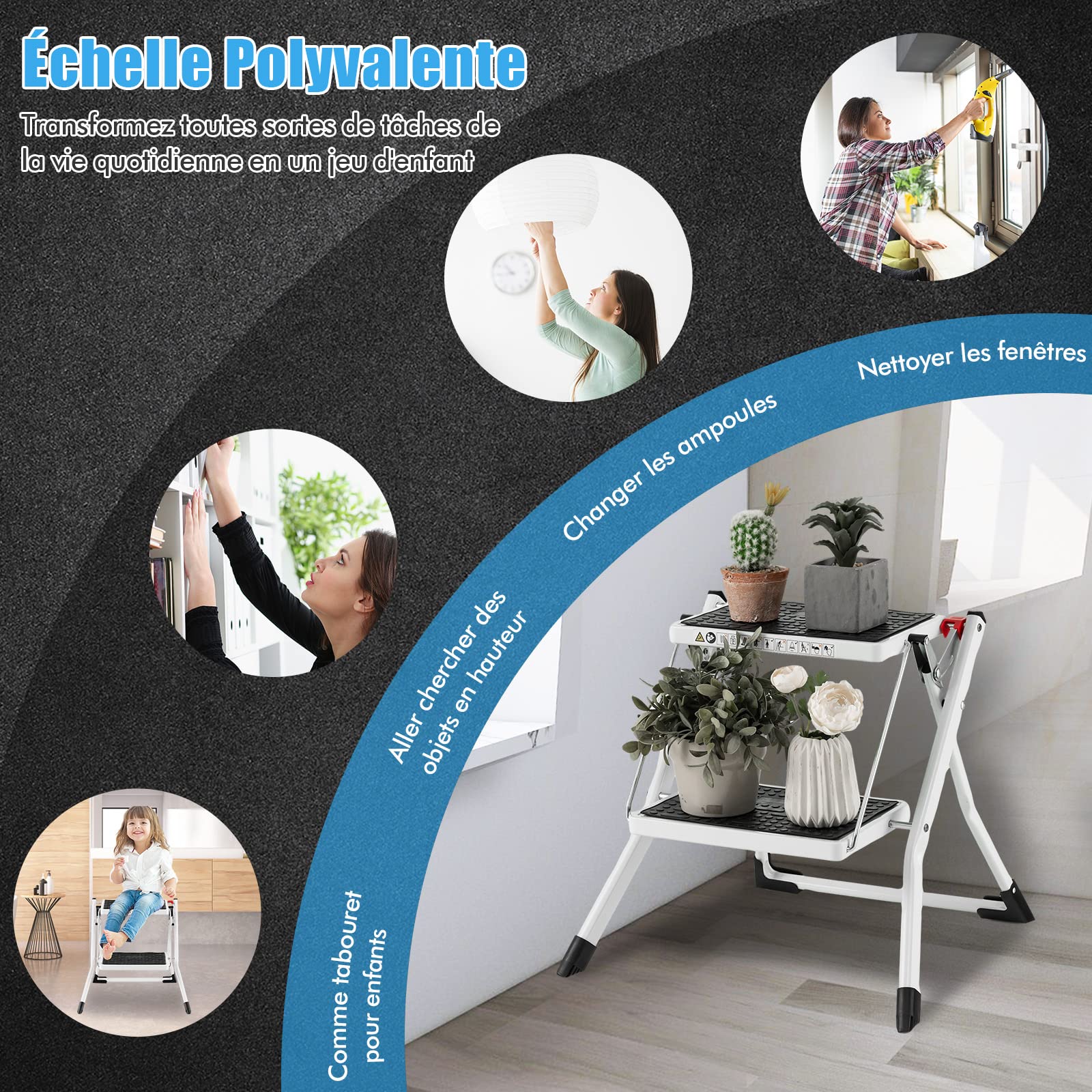 GYMAX Escabeau à 2 Marches Pliable avec Pieds Antidérapants, Échelle de Ménage 3 en 1, Chaise et Étagère de Rangement, Marchepied à 2 Niveaux Cadre en Fer et Pédales en PP