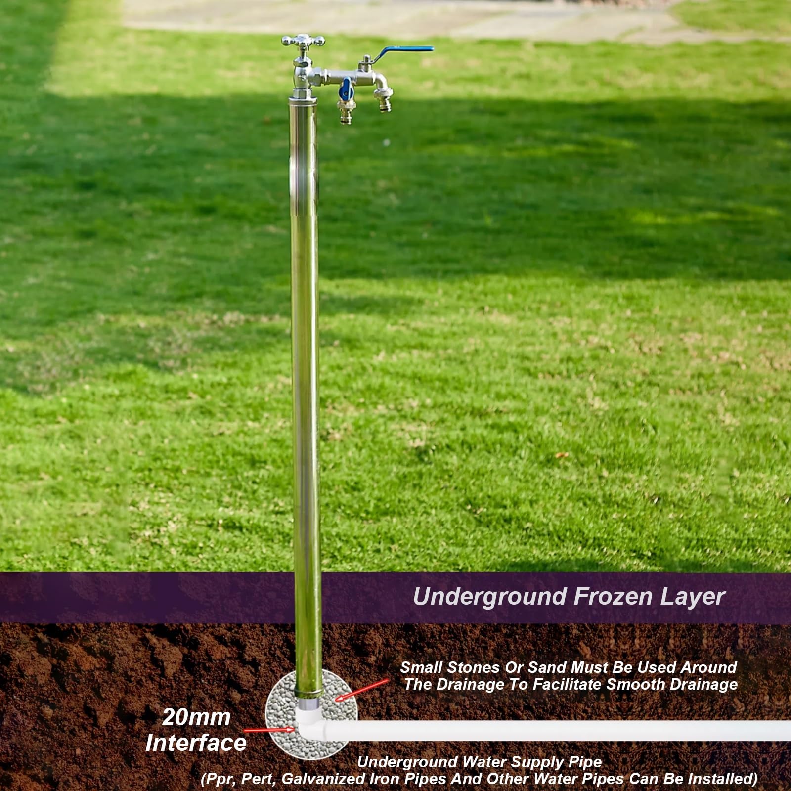 Grifo de jardín al aire libre de acero inoxidable de 47 pulgadas, anticongelante, a prueba de heladas, columna de agua para protección contra el invierno, ideal para jardines y patios