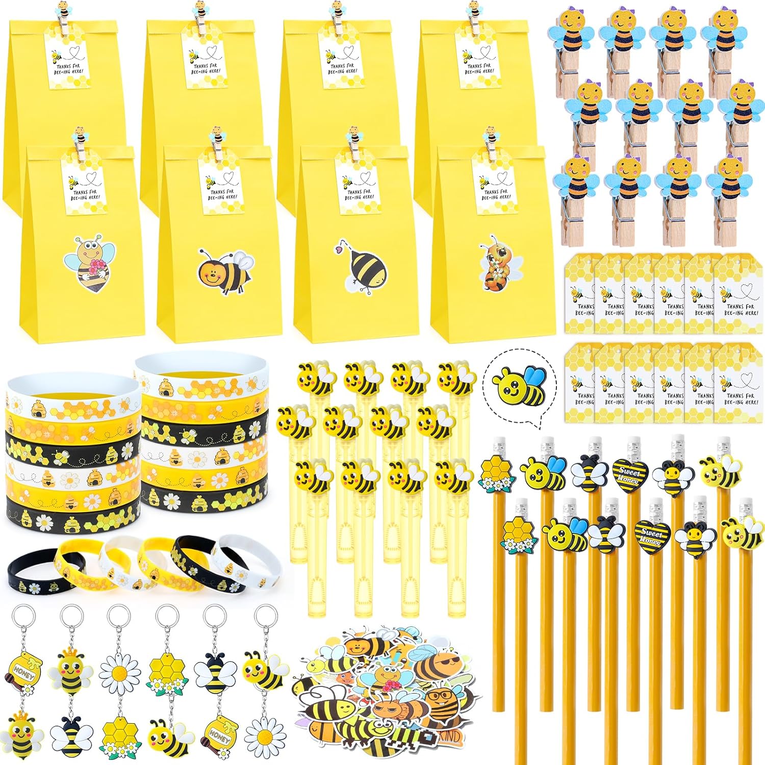 Winrayk 146Pcs Bee Party Favors Birthday Supplies Bee Gift Bag with Cards & Clips Pencil Mini Bubble Wand Honeycomb Silicone Bracelet Keychain Sticker Honey Bee Themed Party Favors Goodie Bag Stuffers