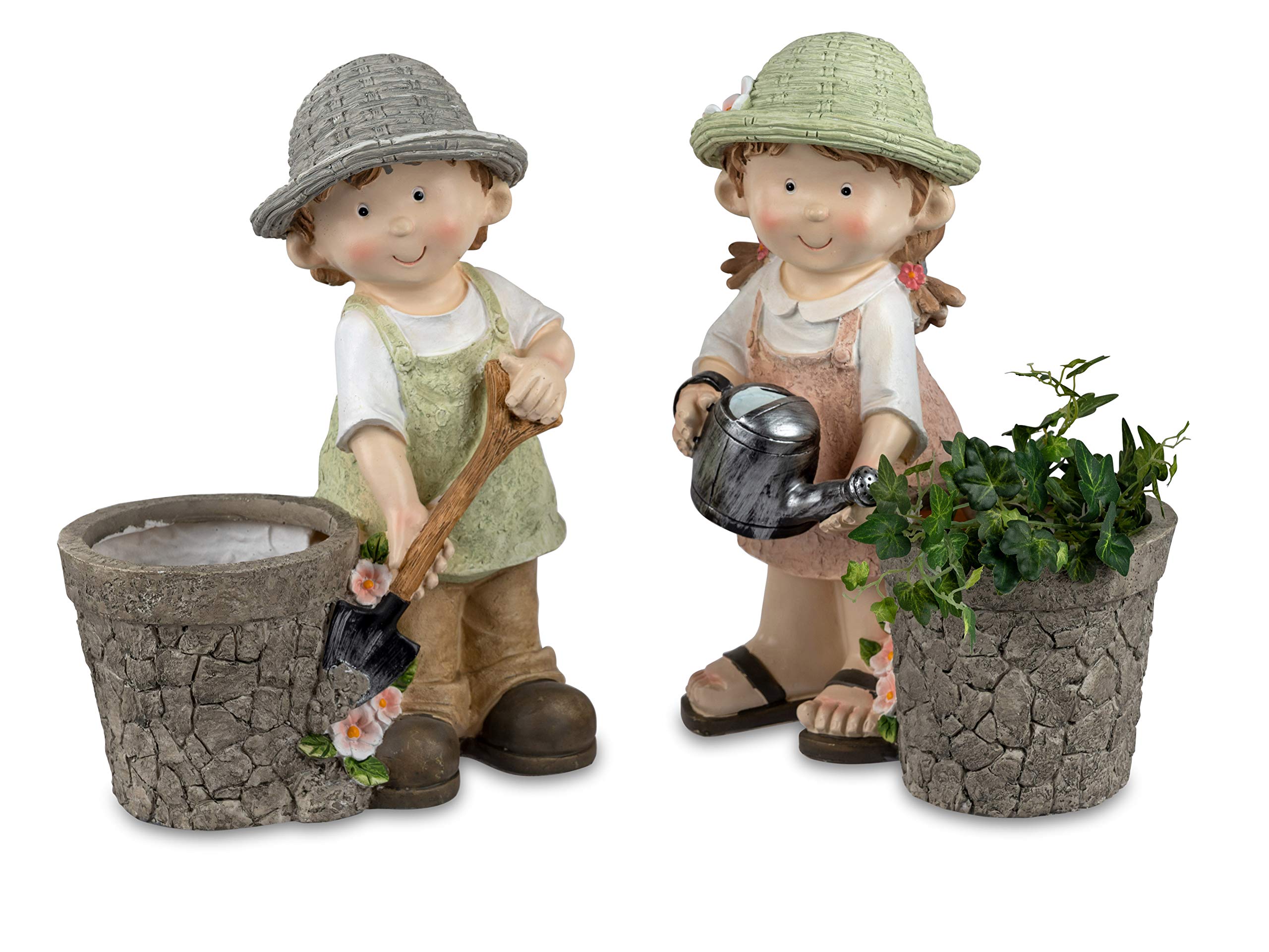 Deko-Figuren Sommerkinder Greta oder Franz stehend Gartenkinder mit Topf Frühjahrsdeko Sommerdeko für Innen und Außen 38x16cm groß 088 (Junge)