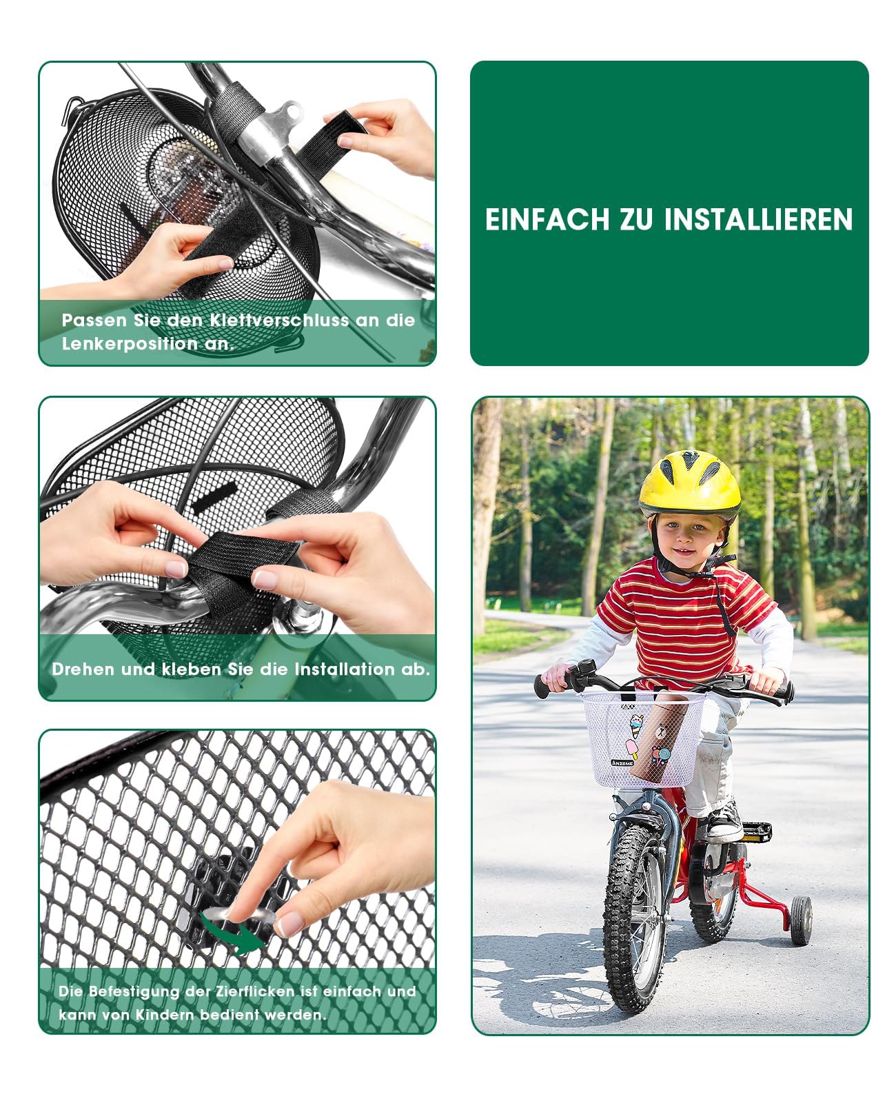 ANZOME Fahrradkorb Kinder, Metall Fahrradkorb vorne Kinder für Mädchen Jungen, Lenkerkorb mit Klettverschlüsse wasserdicht abnehmbar Geschenke für Kinder