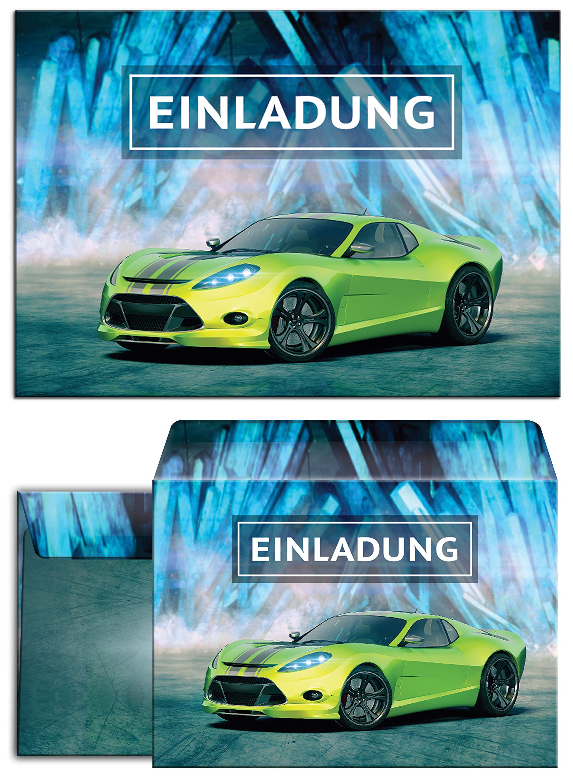 12 Einladungskarten Kindergeburtstag Jungen - Rennauto Design 10,5x14,8cm