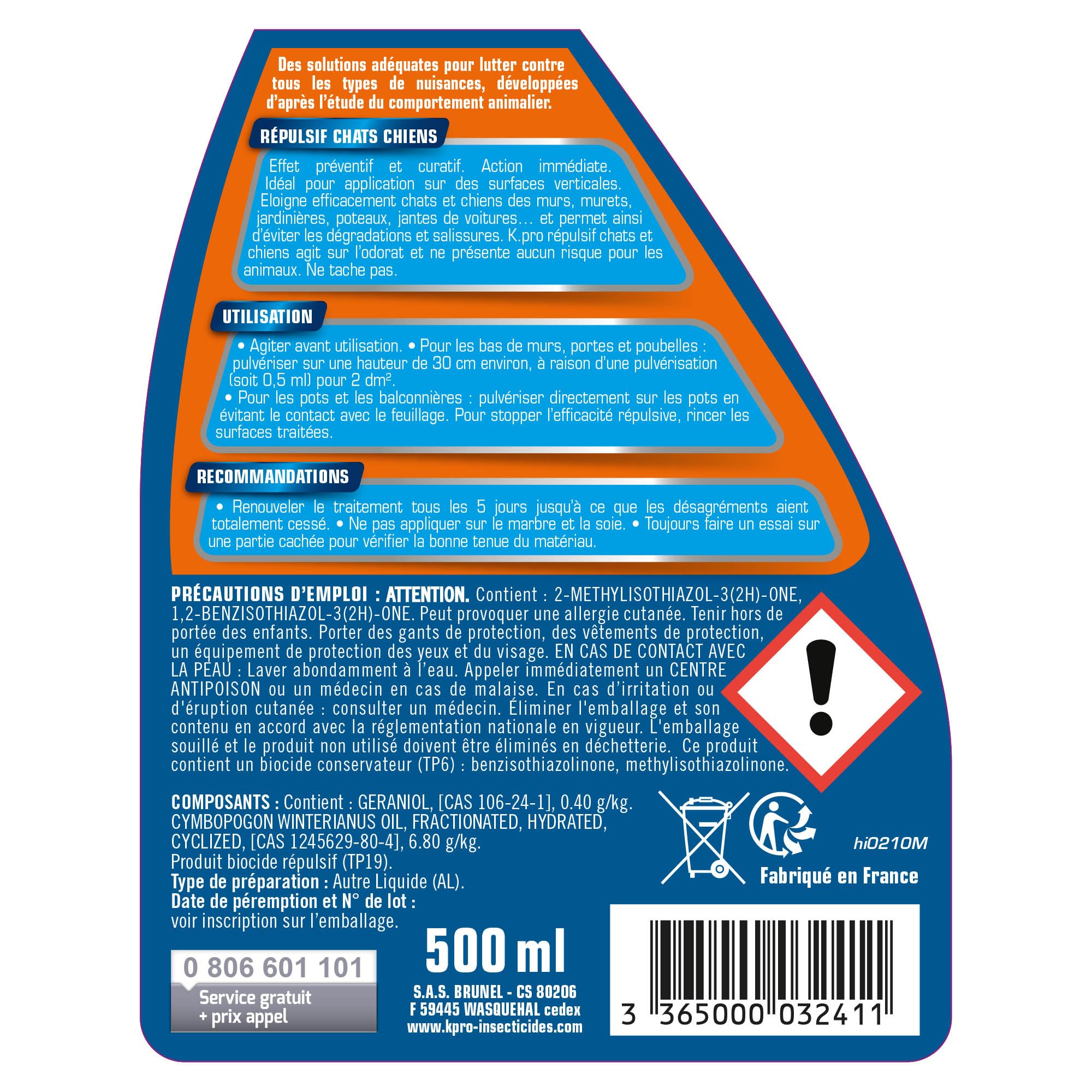 K.PRO– Répulsif Chiens et Chats 500ml – Action Immédiate – Éloigne sans Danger – Ne Tache Pas – Jusqu’à 25m² de Surface Traitable – Usage Extérieur et Intérieur