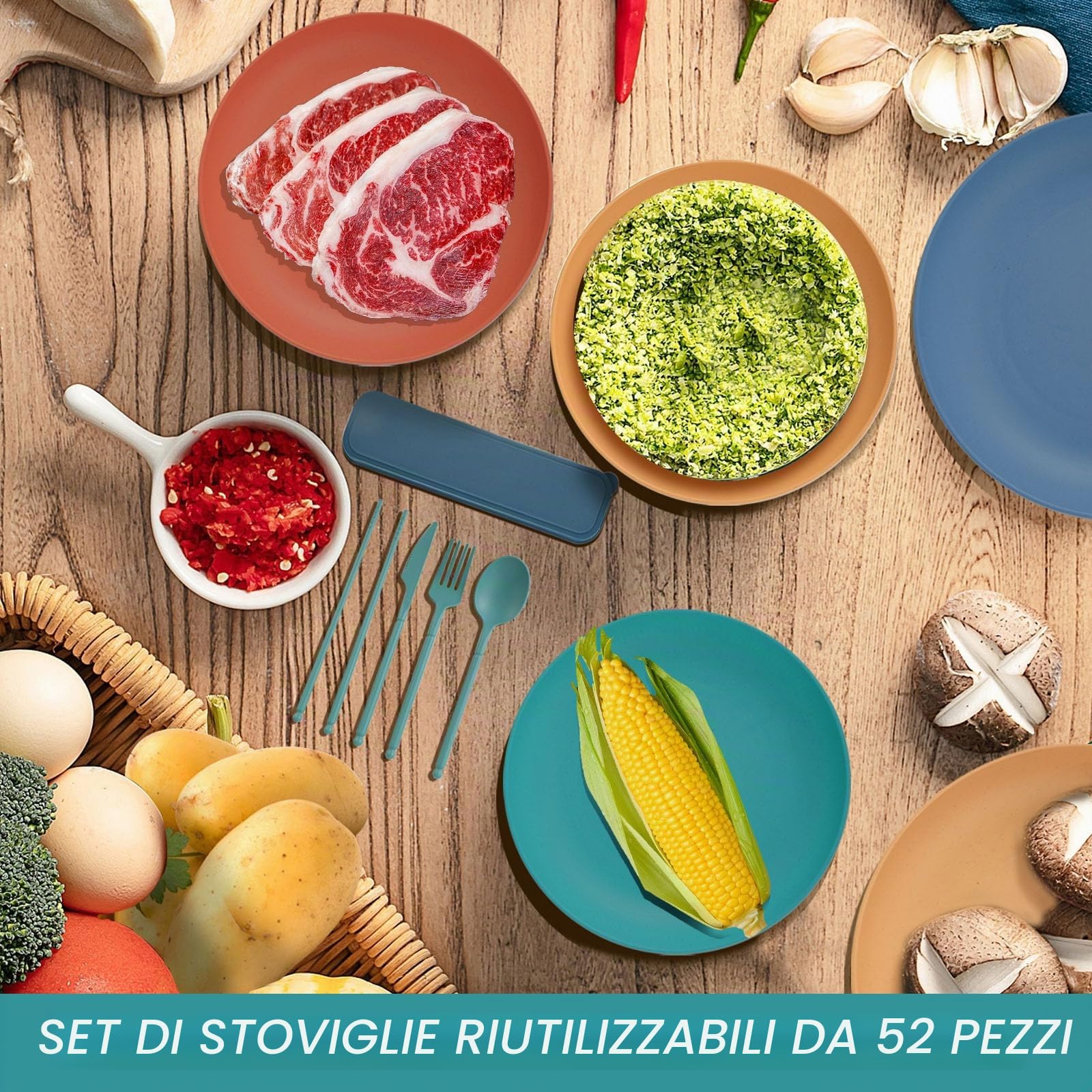 52 pezzi Set stoviglie campeggio – Set piatti plastica rigida lavabili per 4 persone, leggero e pratico per picnic e barbecue