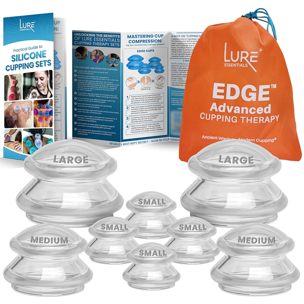 Lure Essentials Edge Silicone Cupping Set, Cupping Kit for Massage Therapy, Long Lasting Cups for Professional & Home Use, Body Sculpt Cup for Cellulite, Ultra Transparent Clear (8 Count)