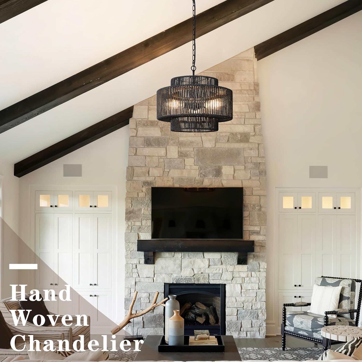 18" Rattan Pendant Lights Black Hand-Woven Rattan Chandelier 3-Light Woven Pendant Light 3-Tier Wicker Pendant Lights Rustic Light Fixtures Boho Chandelier for Dining Room Kitchen Island