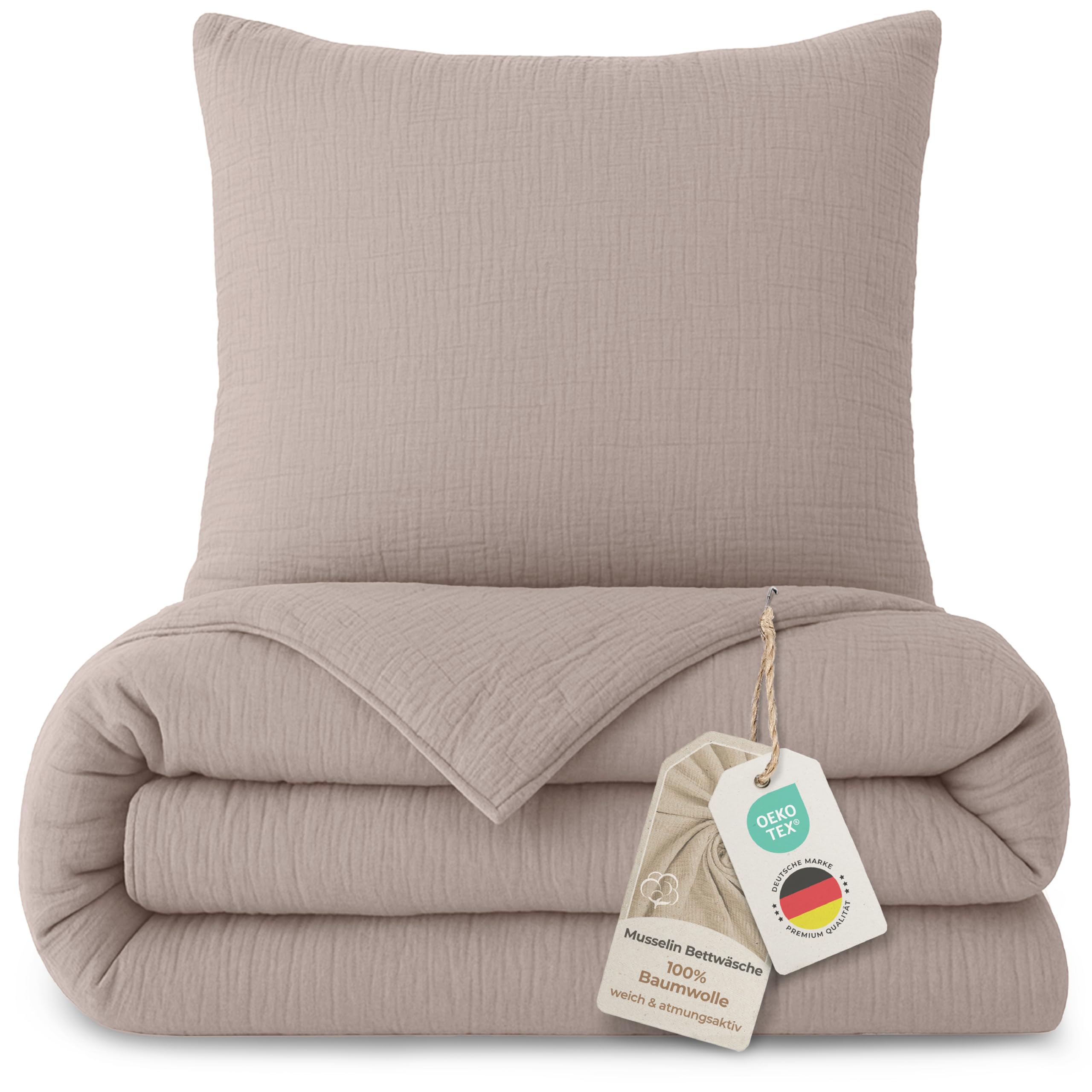 LAYNENBURG Premium Musselin Bettwäsche 155x220 cm + 80x80 cm - Oeko-Tex – 100% Baumwolle – atmungsaktiv & bügelfrei – 3 lagiges Musselin mit Reißverschluss & Haltebändern (Taupe)