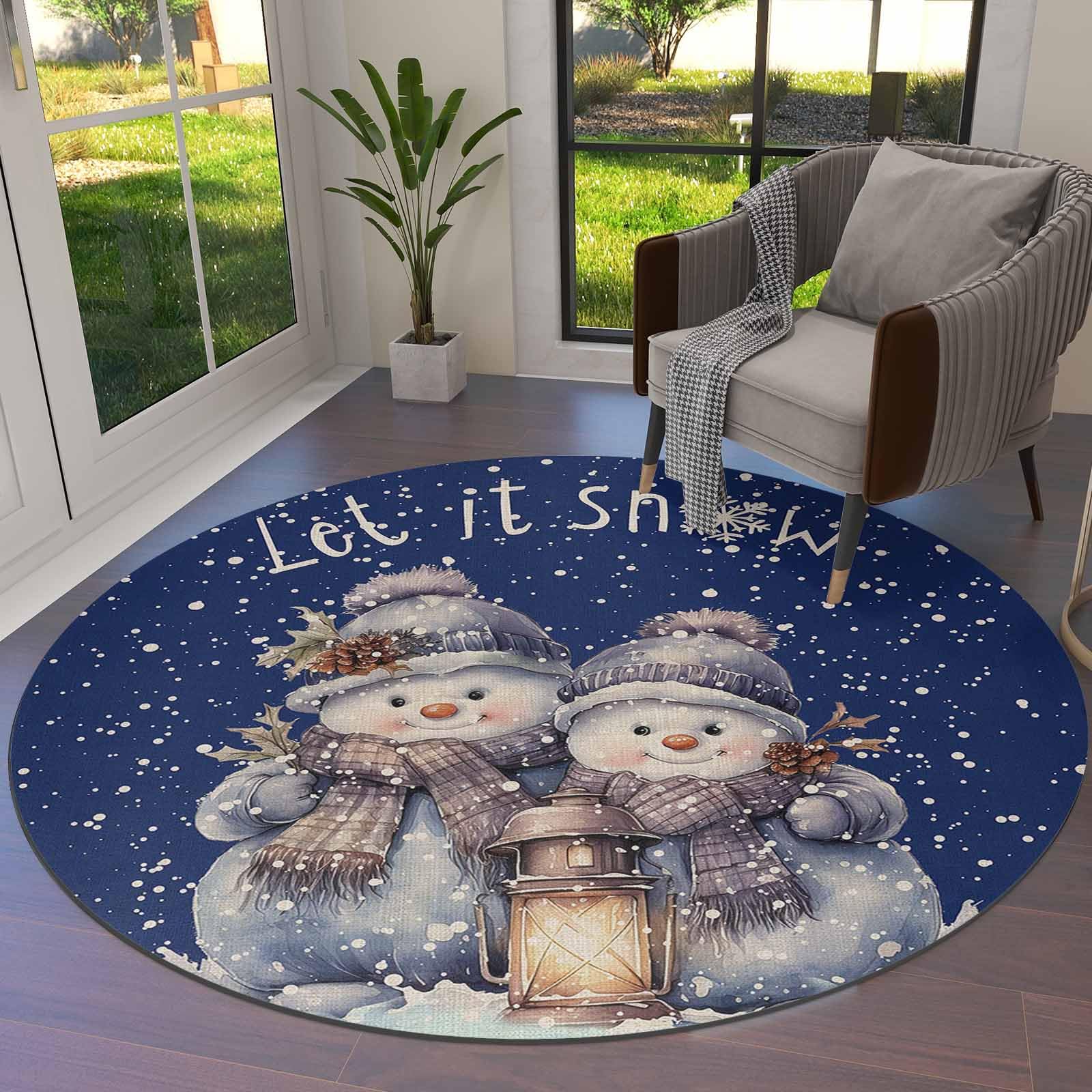 Navy Blue Snowman Christmas Round Area Rugs, Xmas Winter Snowflake Non-Skid Children Playing Mat, Blue 5ft Soft Circle Farmhouse Rugs for Living Room,