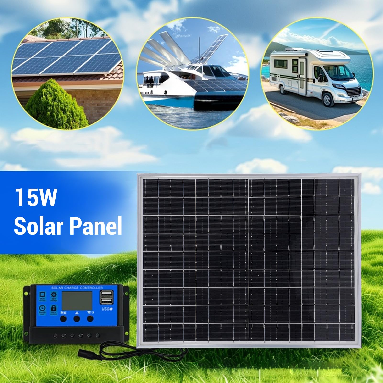 Paneles Solares Portátiles, 15W 12V 24V Kit de Panel Solar Adaptativo Automático con Controlador de 60 A, Paneles de Cargador Solar A Prueba de Agua para Camiones de Casas
