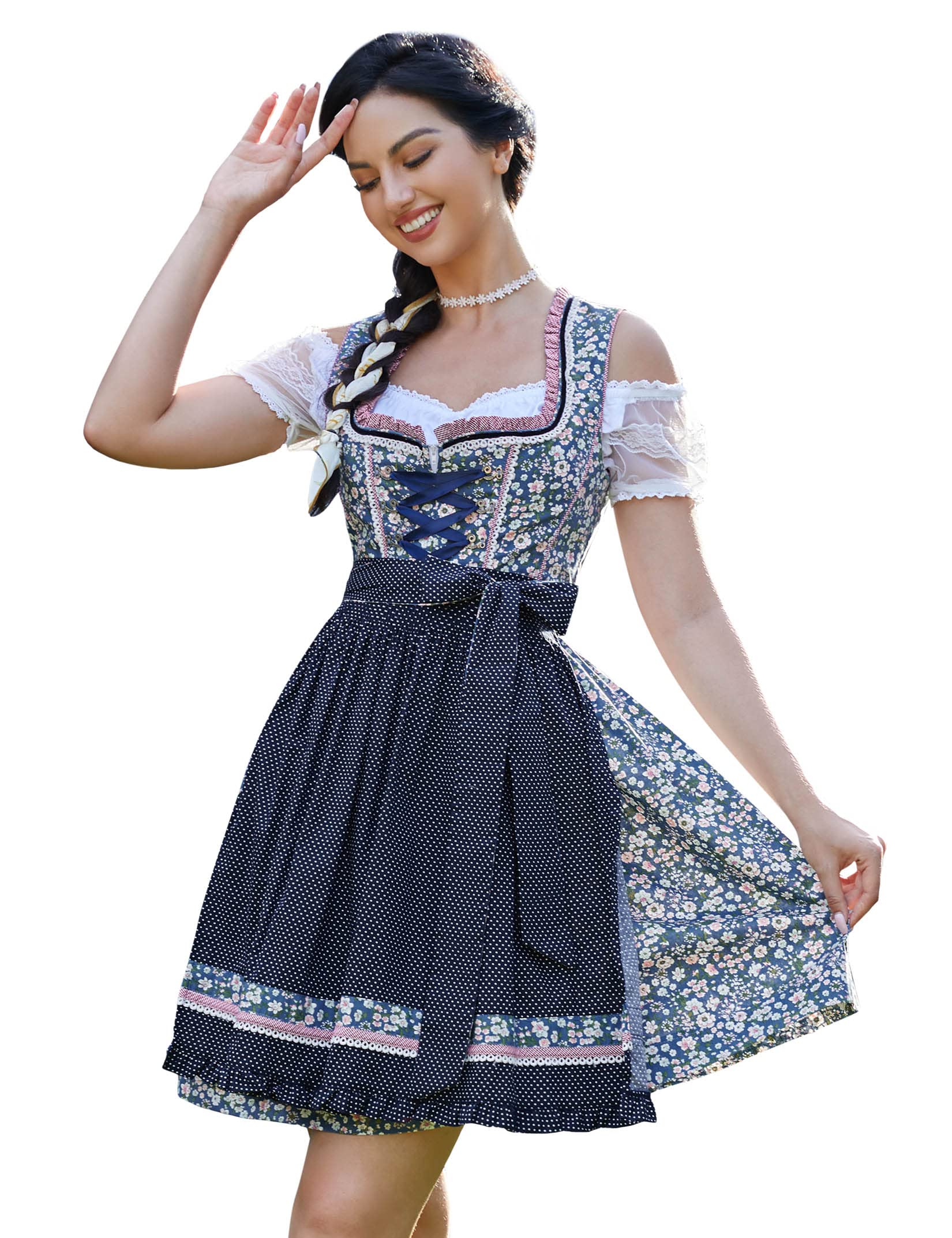 KOJOOIN Abito Donna Dirndl Bavaria Oktoberfest Set 3 Pezzi Camicia e Grembiule Dirndl Manica Corta Grembiule Bavarese Oktoberfest Cameriera Abiti da Festa