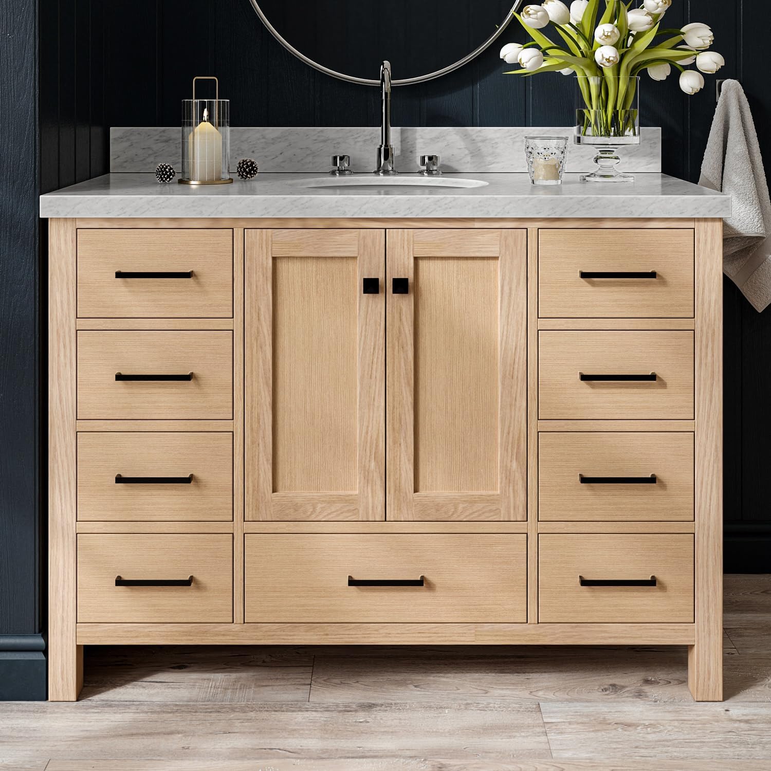 ARIEL Cambridge 48-inch Bathroom Vanity with Sink,Solid Wood, 1.5-inch Italian Carrara Marble Countertop, Single Oval Porcelain Sink, 2 Soft Closing Doors, 9 Dovetail Drawers, White Oak