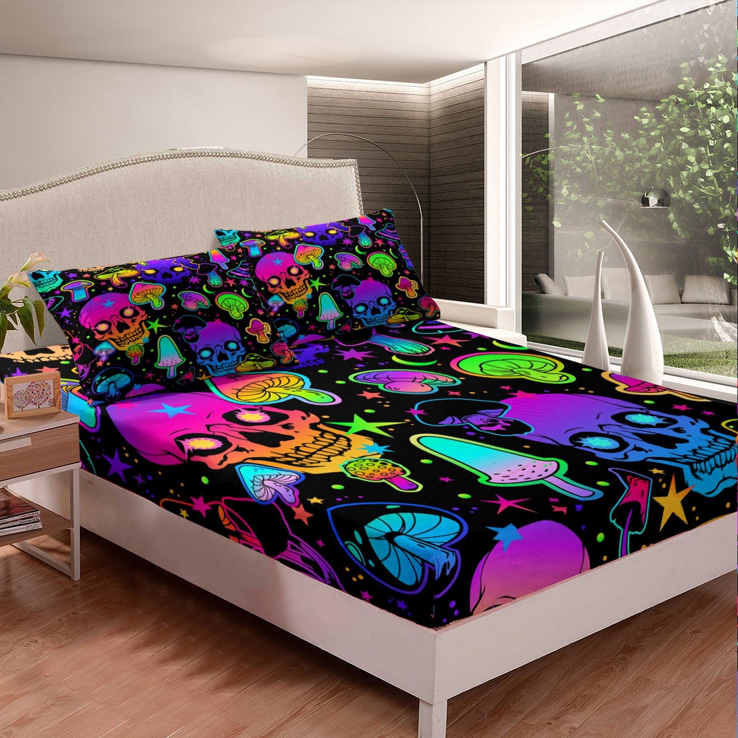 Feelyou Halloween Bed Sheets Set Kids Sugar Skull Sheet Set Mushroom Sheets with Deep Pocket Fitted Sheet for Room Decor Lightweight Fluorescent Style Bedding Set with 2 Pillow Case