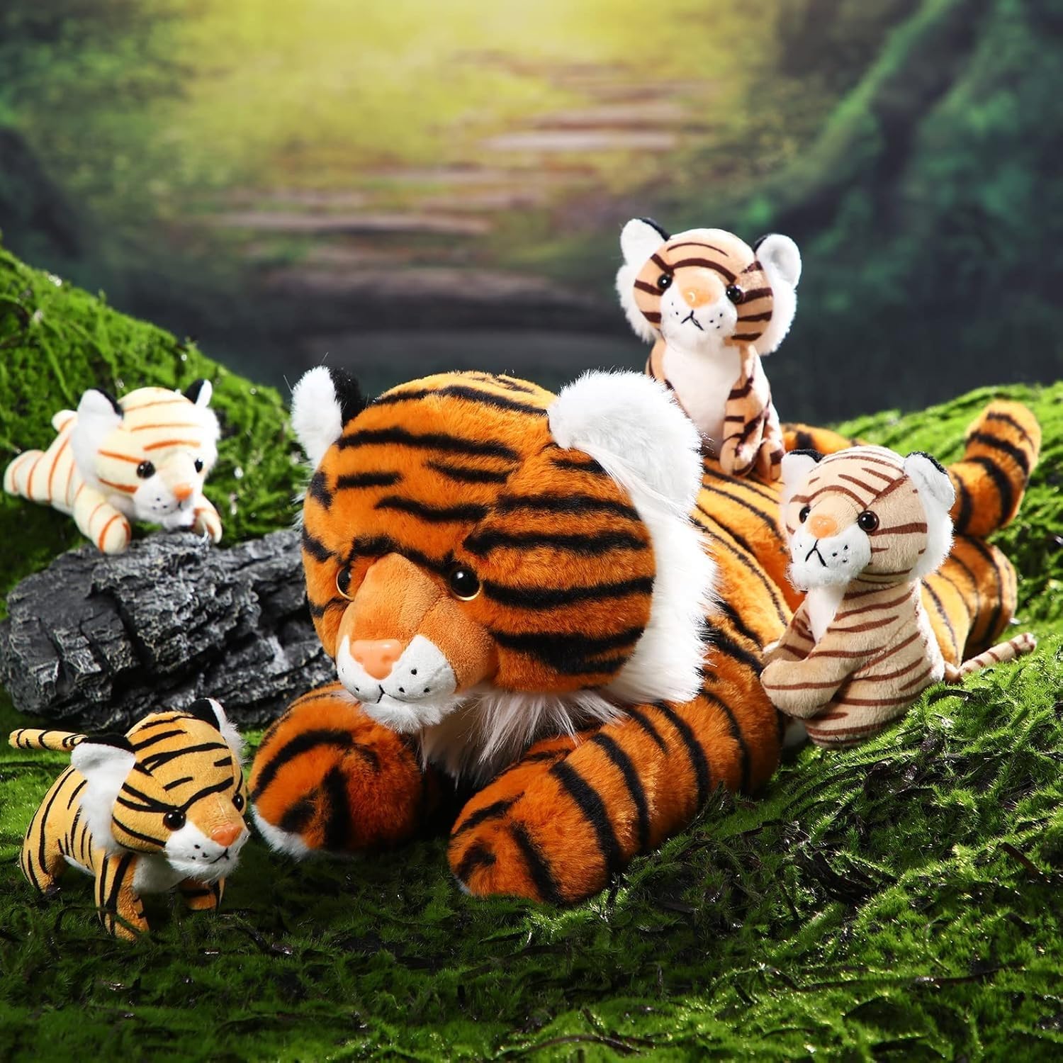 Threan 5 Pcs Tiger Stuffed Animals Plush Toy Set 16 Inch Stuffed Mommy Tiger with 4 Baby Cubs in Zippered Belly Cuddly Plushies for Kids Boys Girls Easter Forest Birthday Graduation Party(Cute)