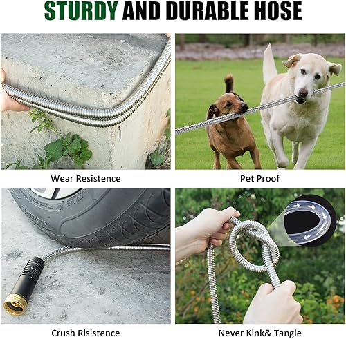 Miniatura 5 de Manguera de jardín de 50 pies, manguera de agua resistente de acero inoxidable con boquillas de 10 funciones, flexible sin torceduras, a prueba de