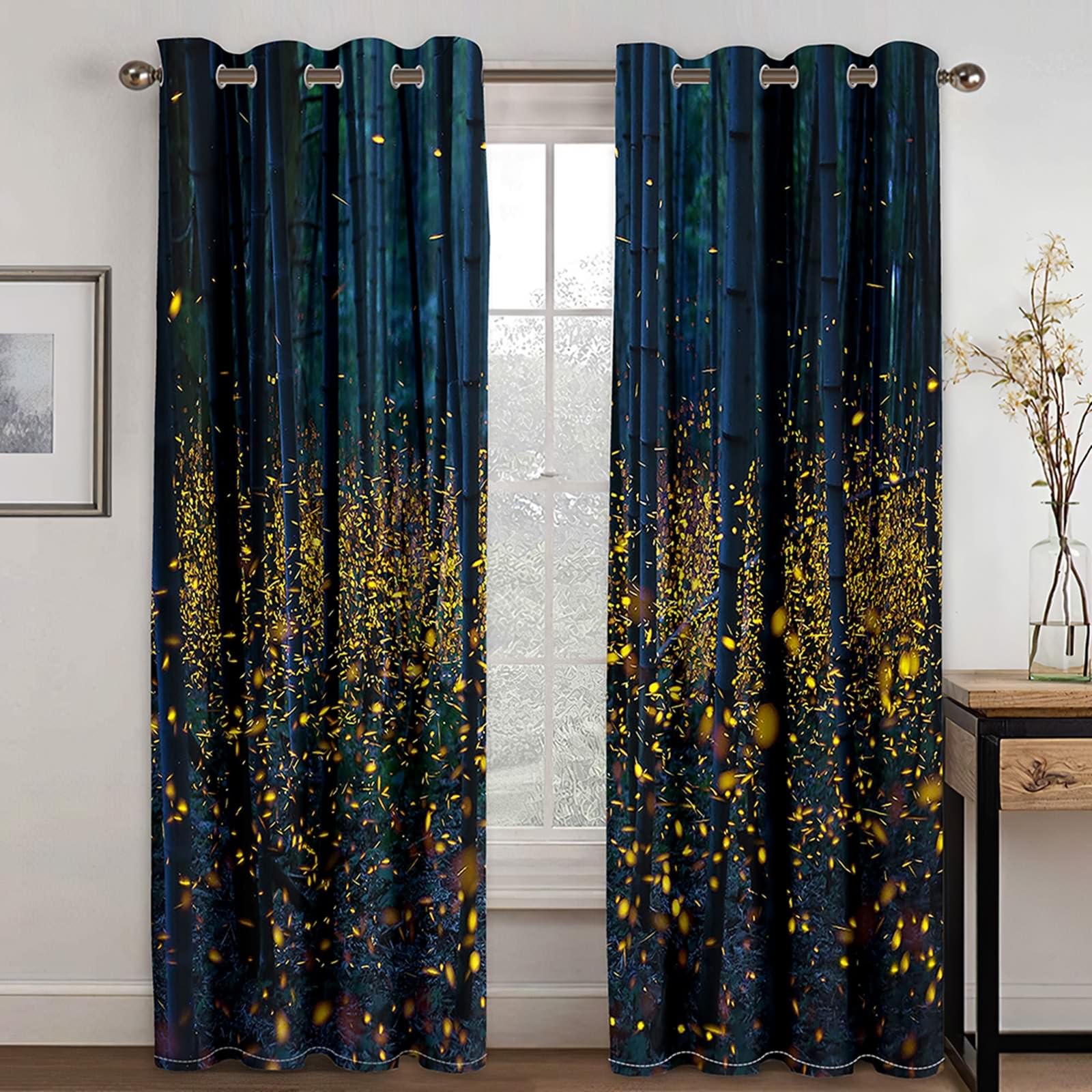 Vorhänge Verdunkelung, Gardinen Blickdicht Leuchtkäfer Nachtwaldlandschaft 2er Set H 160 x B 86 cm Abdunkelnde Vorhang Ösen für Wohnzimmer