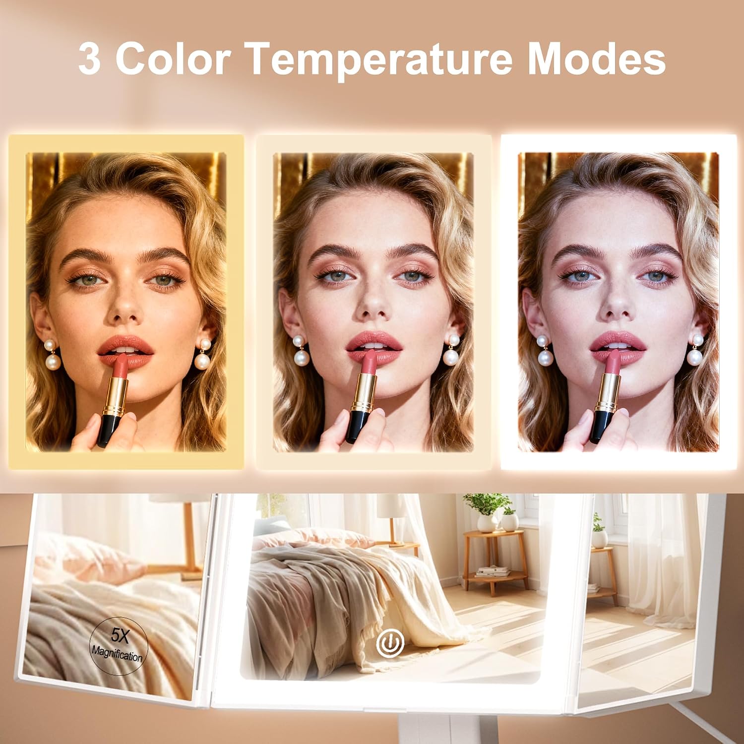 S'bagno LED Makeup Mirror with Lights, 1X/2X/5X Magnification, 3 Color Dimmable LED Modes, 270° Rotation, Trifold Vanity Mirror for Travel, Skincare & Grooming