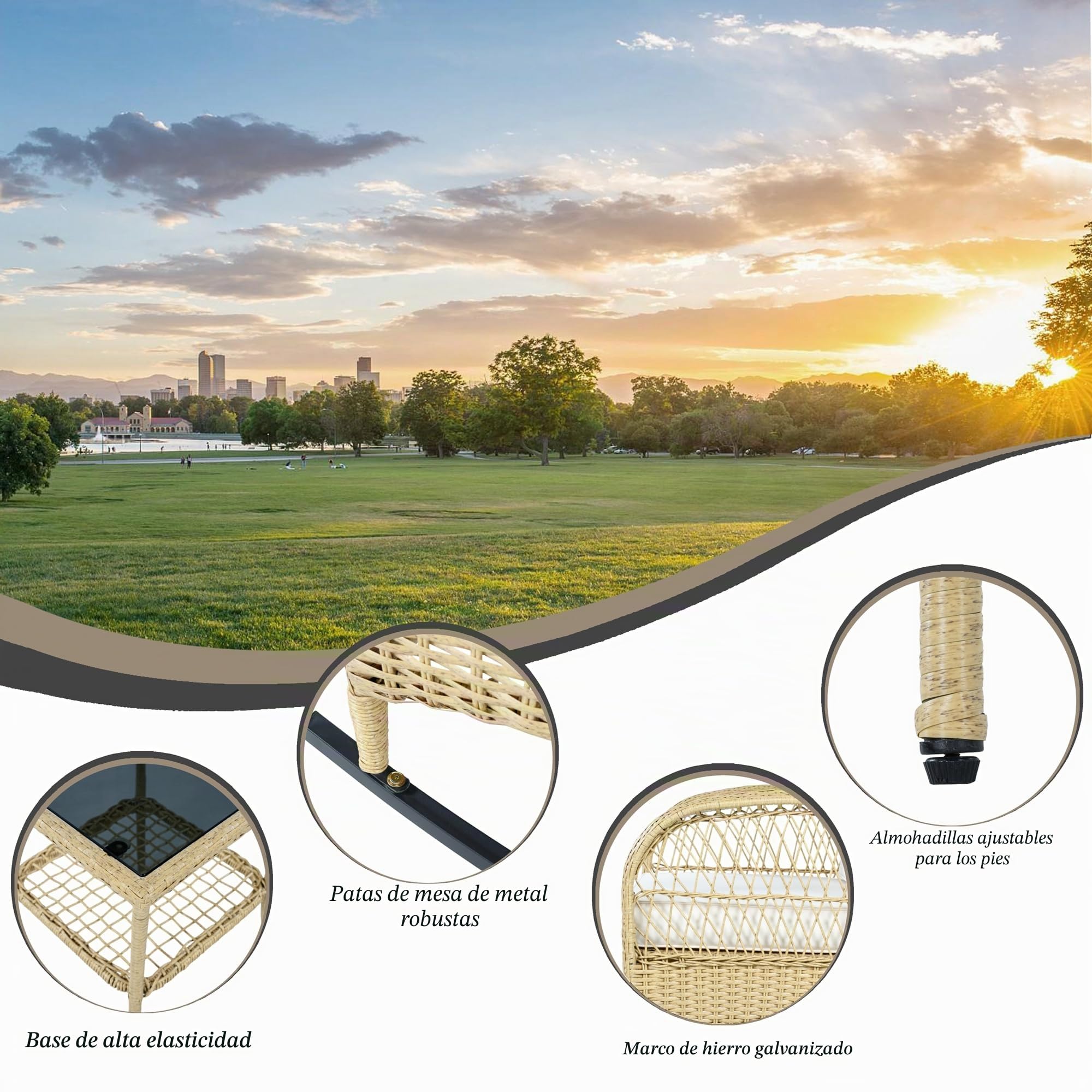Conjunto de Jardin Exterior de Ratán para 2 Personas, 3 Piezas | Para Terraza Patio, Set Muebles Jardin con Sillones y Mesa de Centro, Mecedora con Cojines, Juego de Muebles de Jardín,Beige