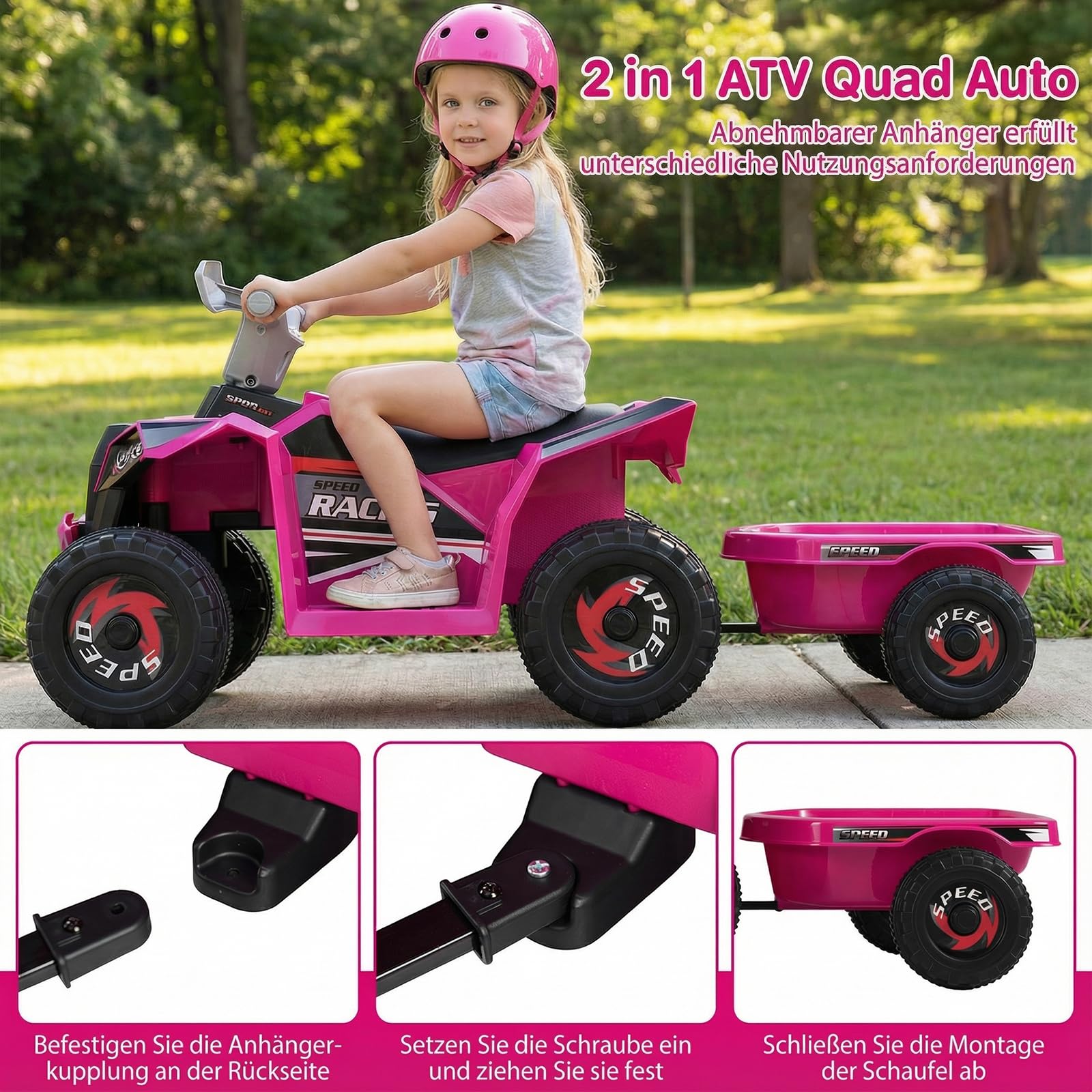 COSTWAY 6V Elektro Kinder Quad, Kinderquad mit abnehmbarem Anhänger, 2-3 km/h, Elektroquad mit Scheinwerfer, Vorwärts-& Rückwärtsfunktion, Mini Elektroauto ATV für Jungen & Mädchen ab 3 Jahren (Rosa)