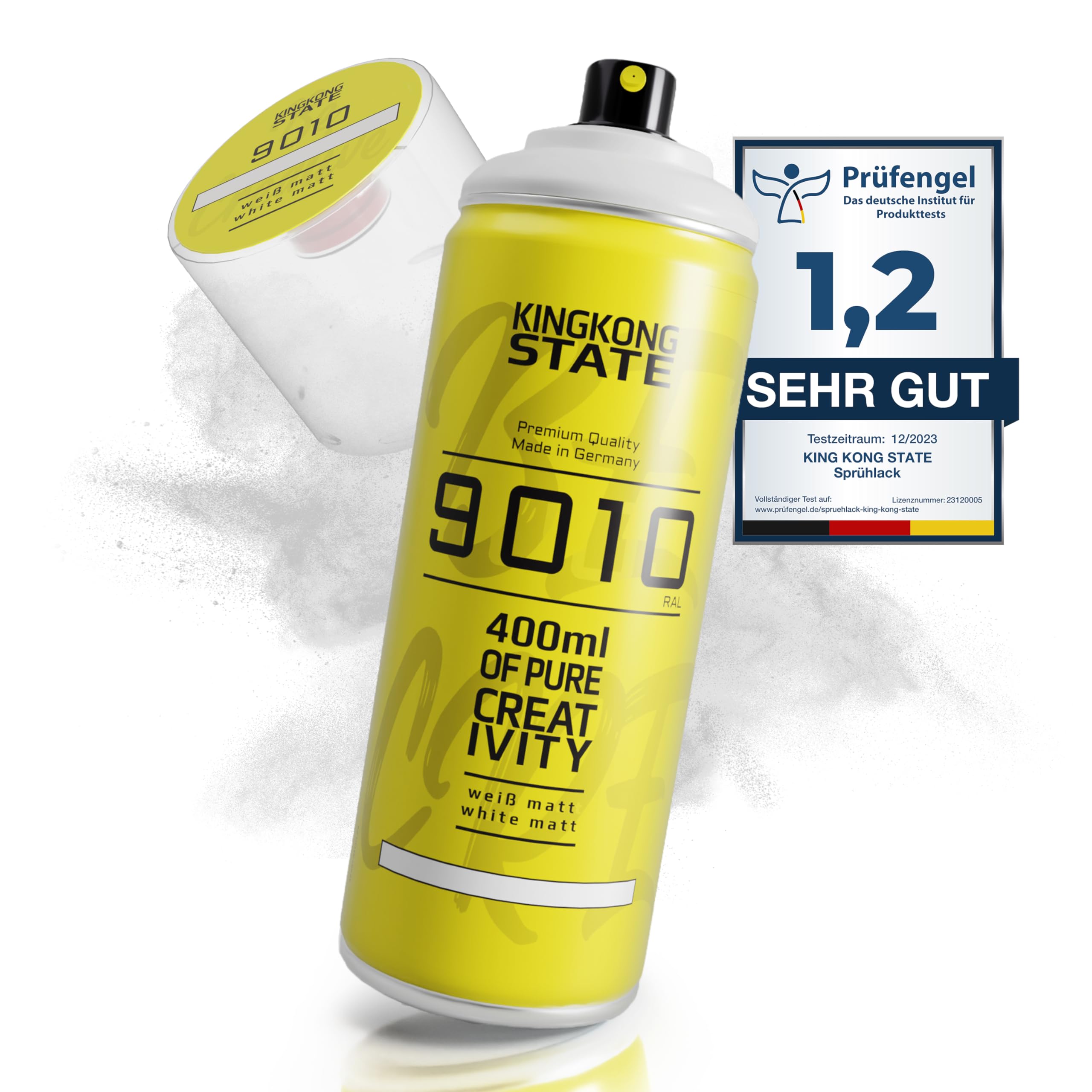 King Kong State Premium Sprühlack weiß matt - hochdeckende Sprühfarbe für den DIY-Bereich, geeignet für alle Oberflächen; Spraylack Made in Germany, Sprühdose 400ml (RAL9010)