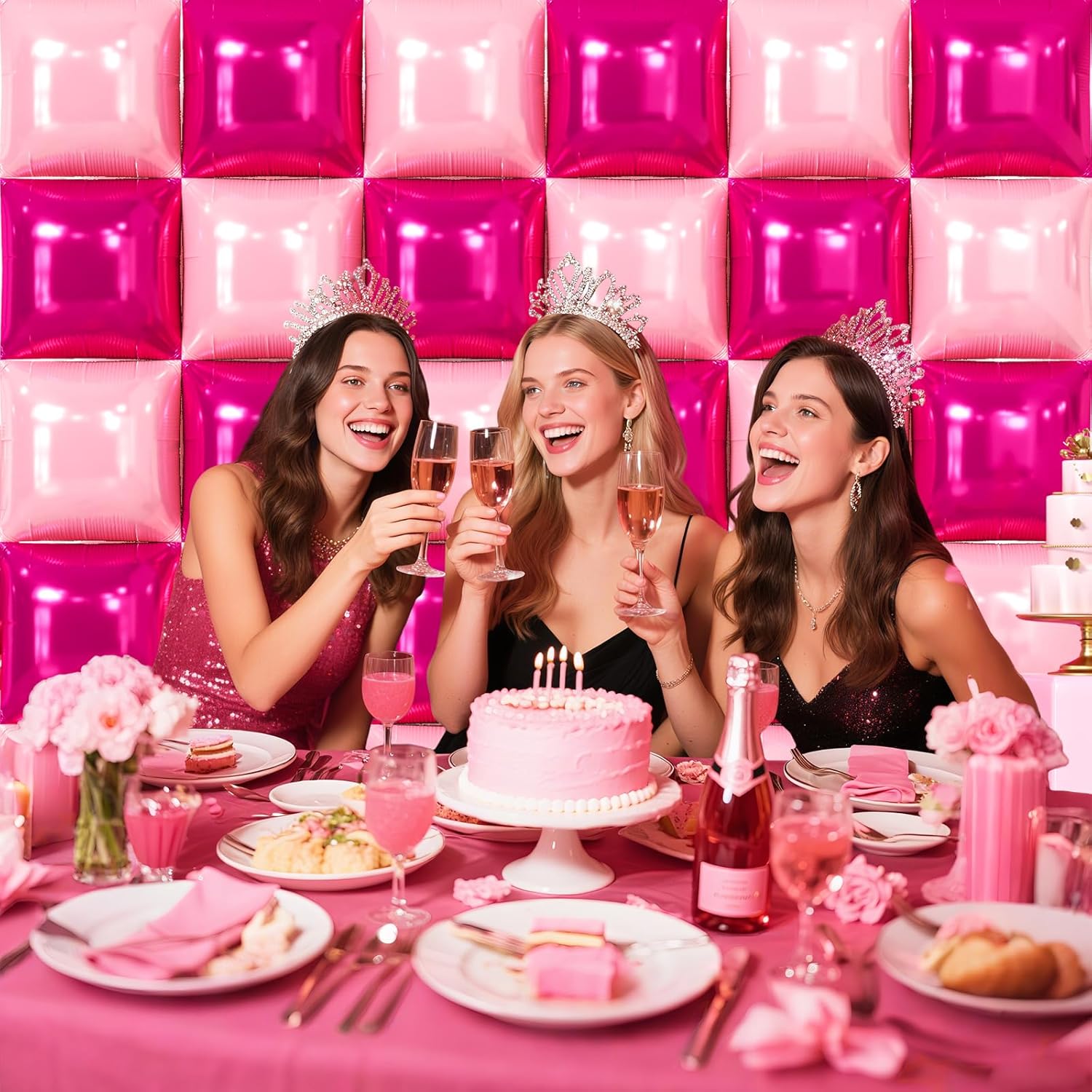 36 PCS Hot Magenta Pink Square Balloons Wall Backdrop Double Sided Foil Balloons Arch and Bachelorette Party Decorations Bride to Be Sign Banner for Engagement Bridal Shower Party Decorations