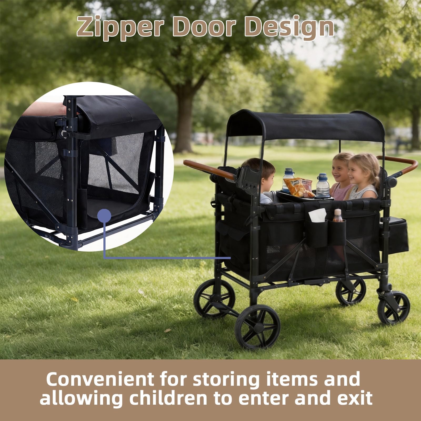 Bollerwagen Faltbar für 2-4 Kinder, Duo Schiebegriff Handwagen mit Dach, Bollerwagen Kinder 4 Sitzer für Ausflug Strand Camping