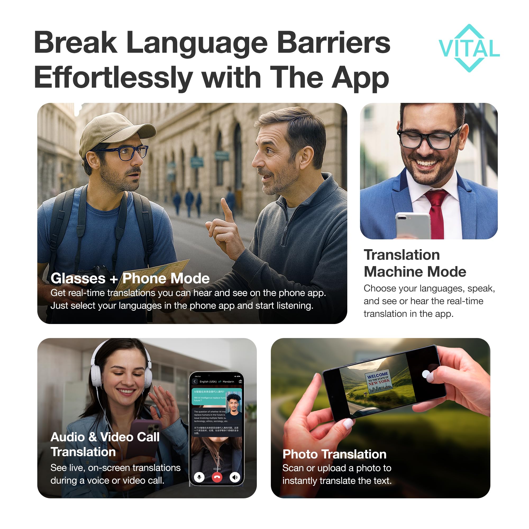 Vital - Gafas inteligentes para hombre, traducción de IA, audio Bluetooth 5.3 de oído abierto, traductor de 130 idiomas, gafas inteligentes vitales para mujeres, UV400, bloqueador de luz azul, gafas