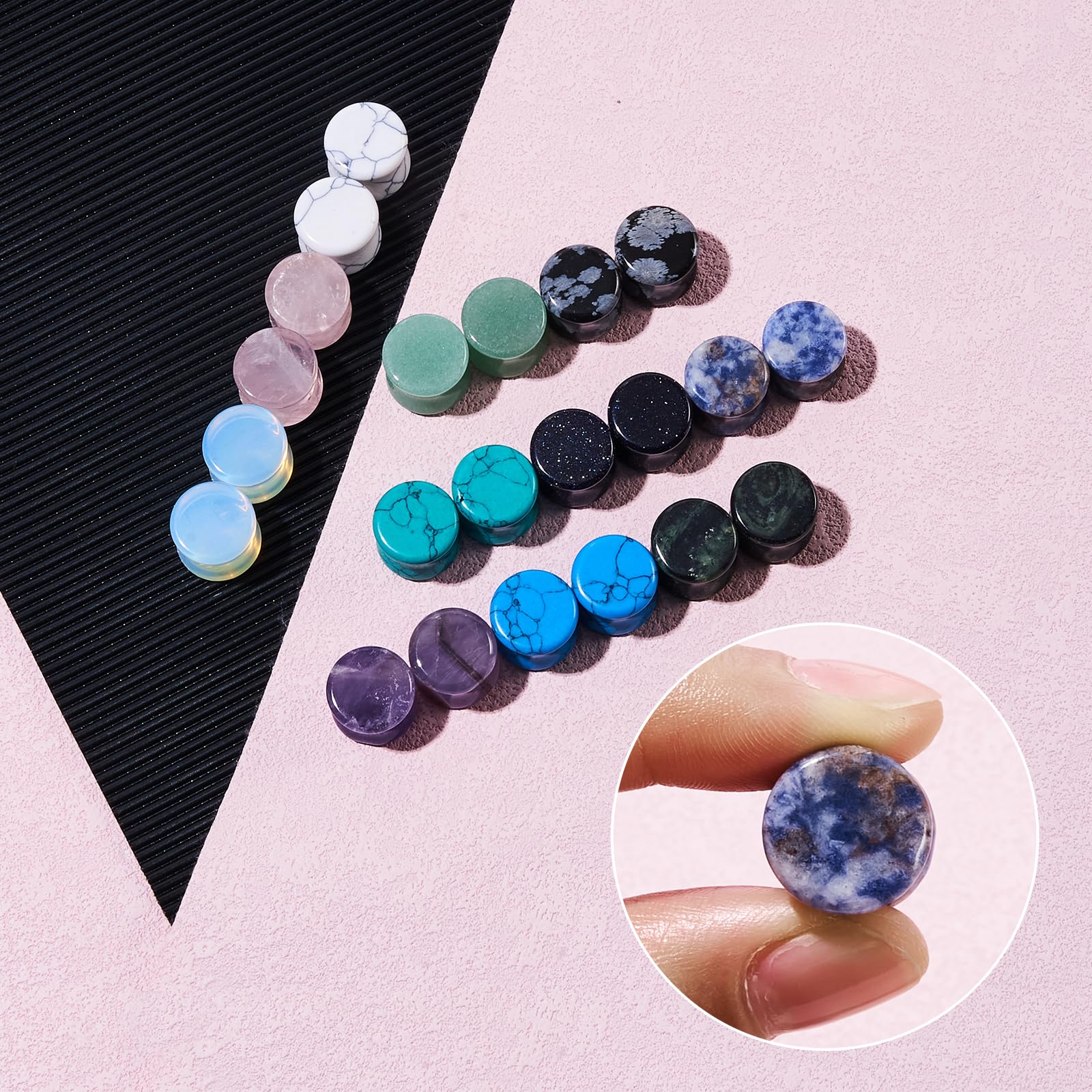 Longbeauty Set di 22 piercing per orecchio in pietra naturale, 6 mm - 16 mm, Pietra