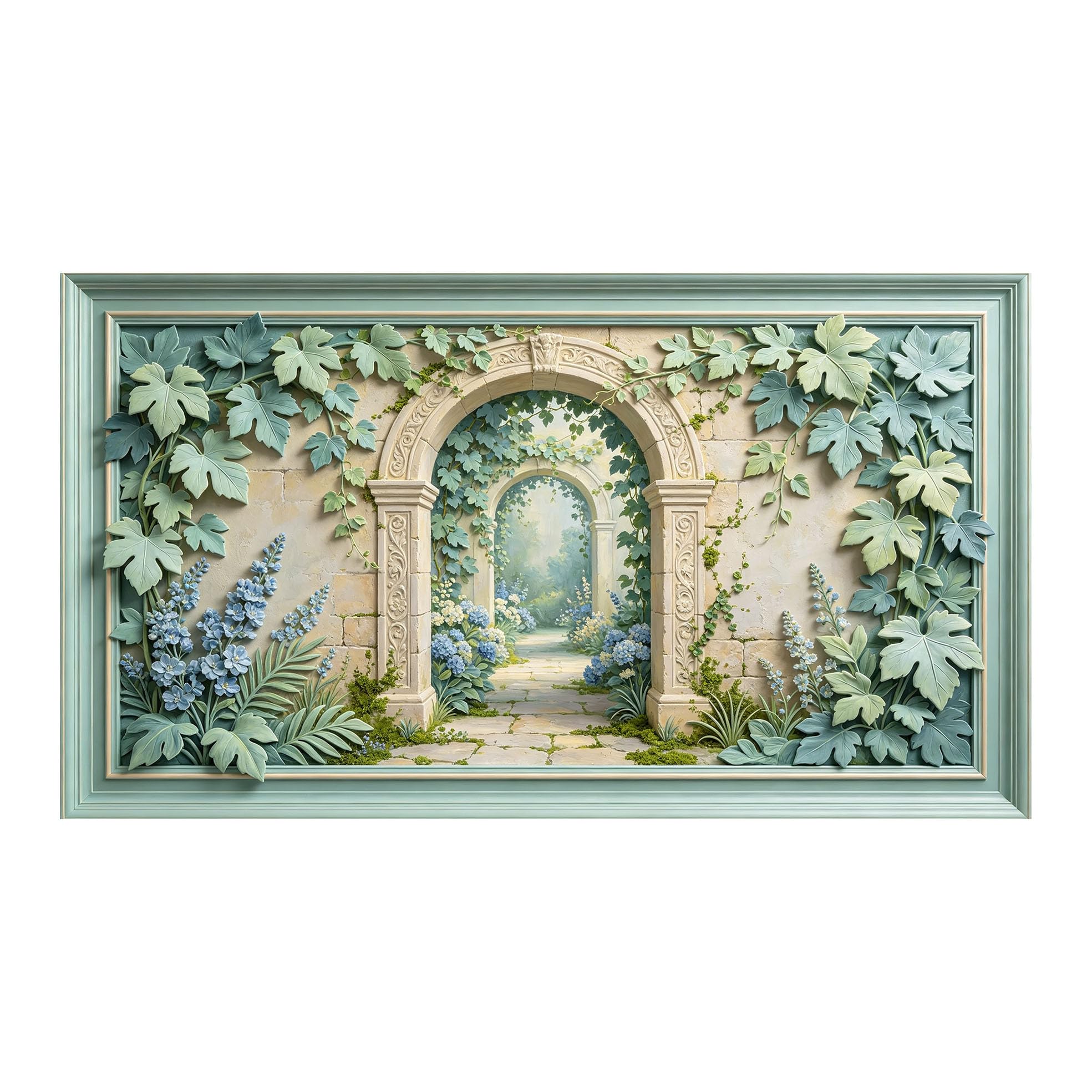 Murasolite 3D Framed Wall Art Mediterranean Garden Archway Floral Landscape Oil Painting SelfAdhesive Fabric Mural Wall Decor,No Damage to Wall,AntiFall Safe Design for Bedroom Living Room