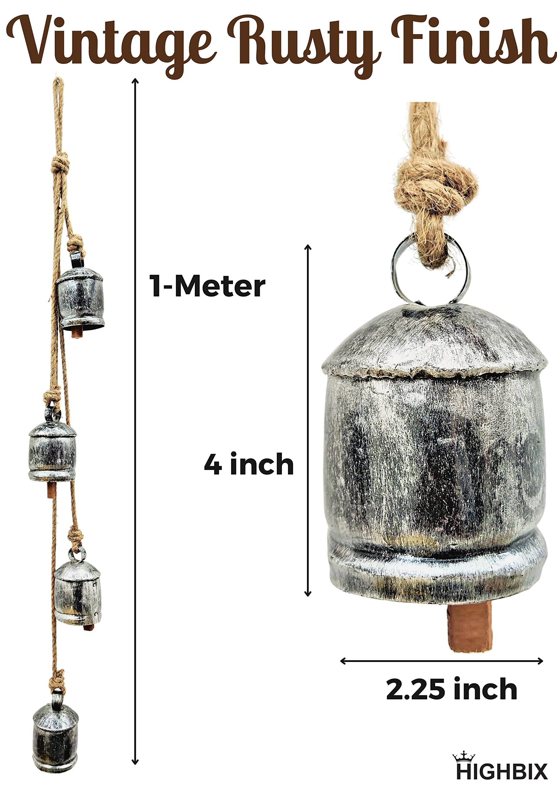 HIGHBIX Harmony 4 Cow Bells Cluster on Rope Large Rustic Vintage Lucky Cow Bells On Rope Wall Hanging Décor (Silver)