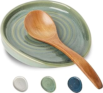 Seyatoo Ceramic Spoon Rest for Stove Top, Spoon Holder for Kitchen Counter, Farmhouse Cooking Utensil Holder for Spoons, Ladles, Spatula, Glazed Green