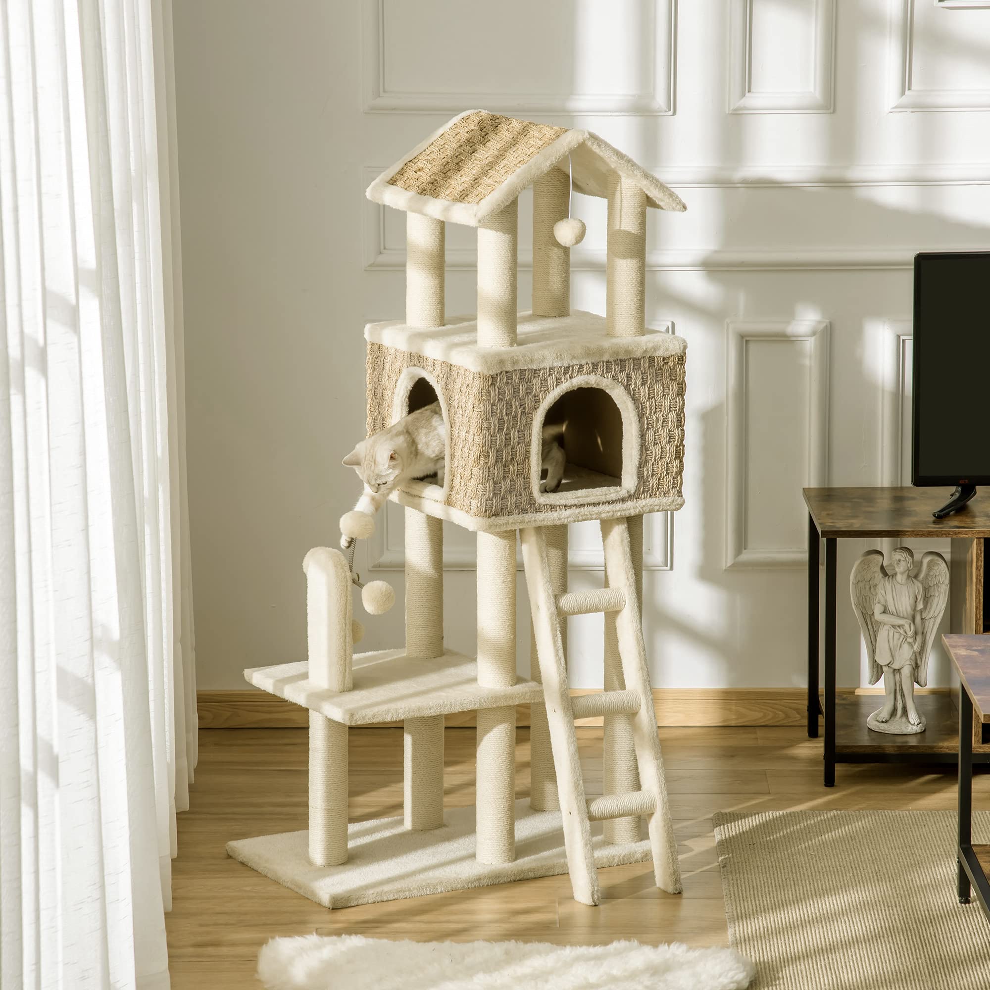PawHut albero tiragraffi per gatti 130H cm albero da arrampicata con grotta per gatti palline gioco tronchi di iuta grande piattaforma in truciolato peluche kaki+beige
