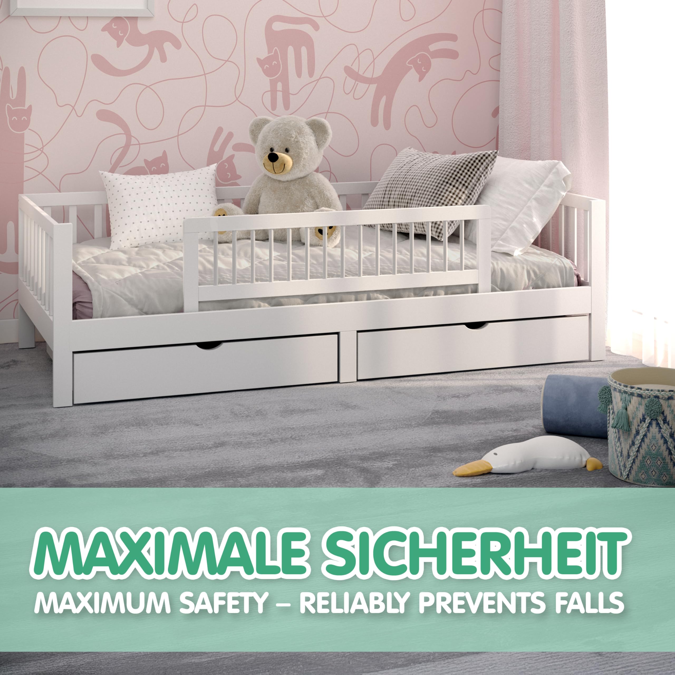 CADANI barrière de lit pour Enfant – Protection Anti-Chute Pliable en Bois Massif pour lit Parental et lit d’Enfant, Couleur Blanc, 115 x 40 cm