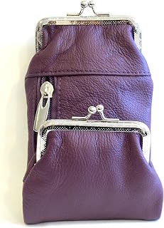 Deluxe Genuine Leather Cigarette and Lighter Case with Zipper Pocket Twist Clasp Kiss Lock Closure Fit 100's - Purple