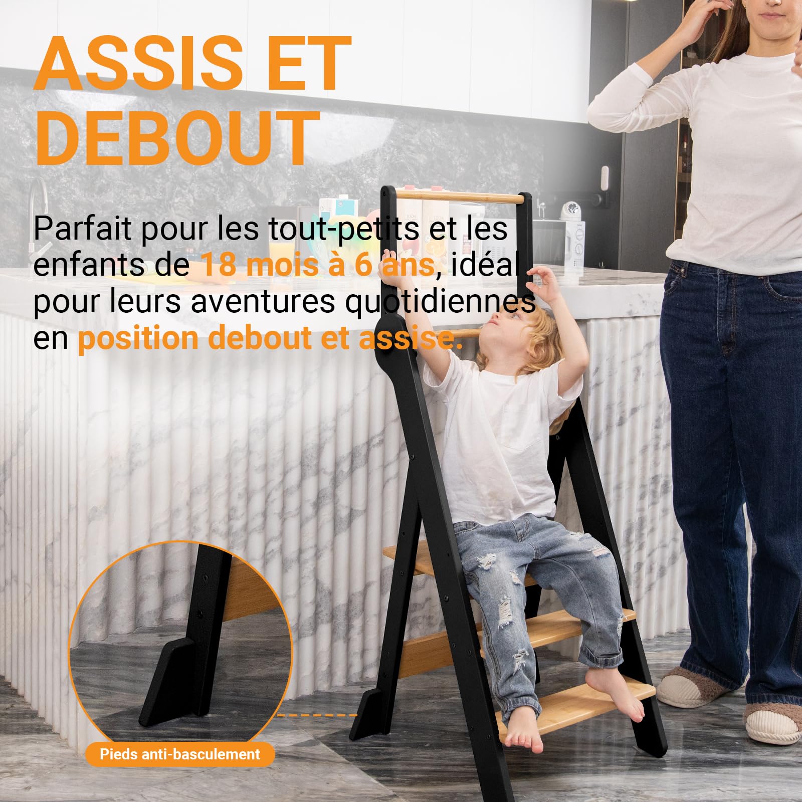 COSYLAND Tour D'observation Enfant Pliable Montessori 2 Hauteurs Réglables, Tour d'apprentissage Sécurisée avec Angles Anti-Bascule Chaise pour Enfants de 18 Mois À 6 Ans - Classic Black & Natural