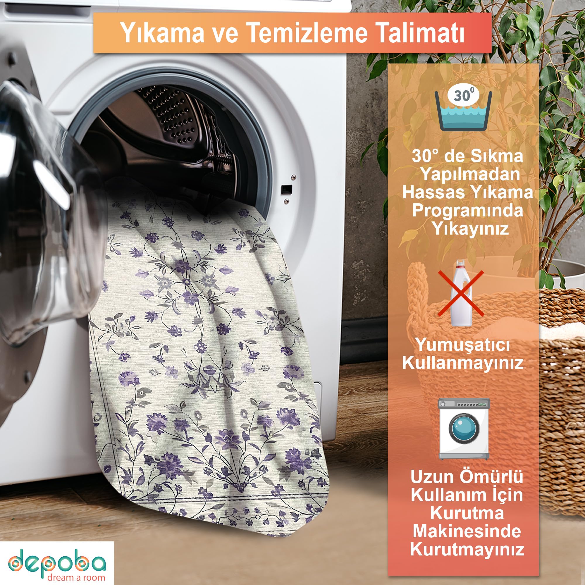 Depoba Purpa Vintage Şönil Kaymaz Doğal Pamuk Tabanlı Yıkanabilir Antibakteriyel Çevre Dostu Salon Halısı 120x180