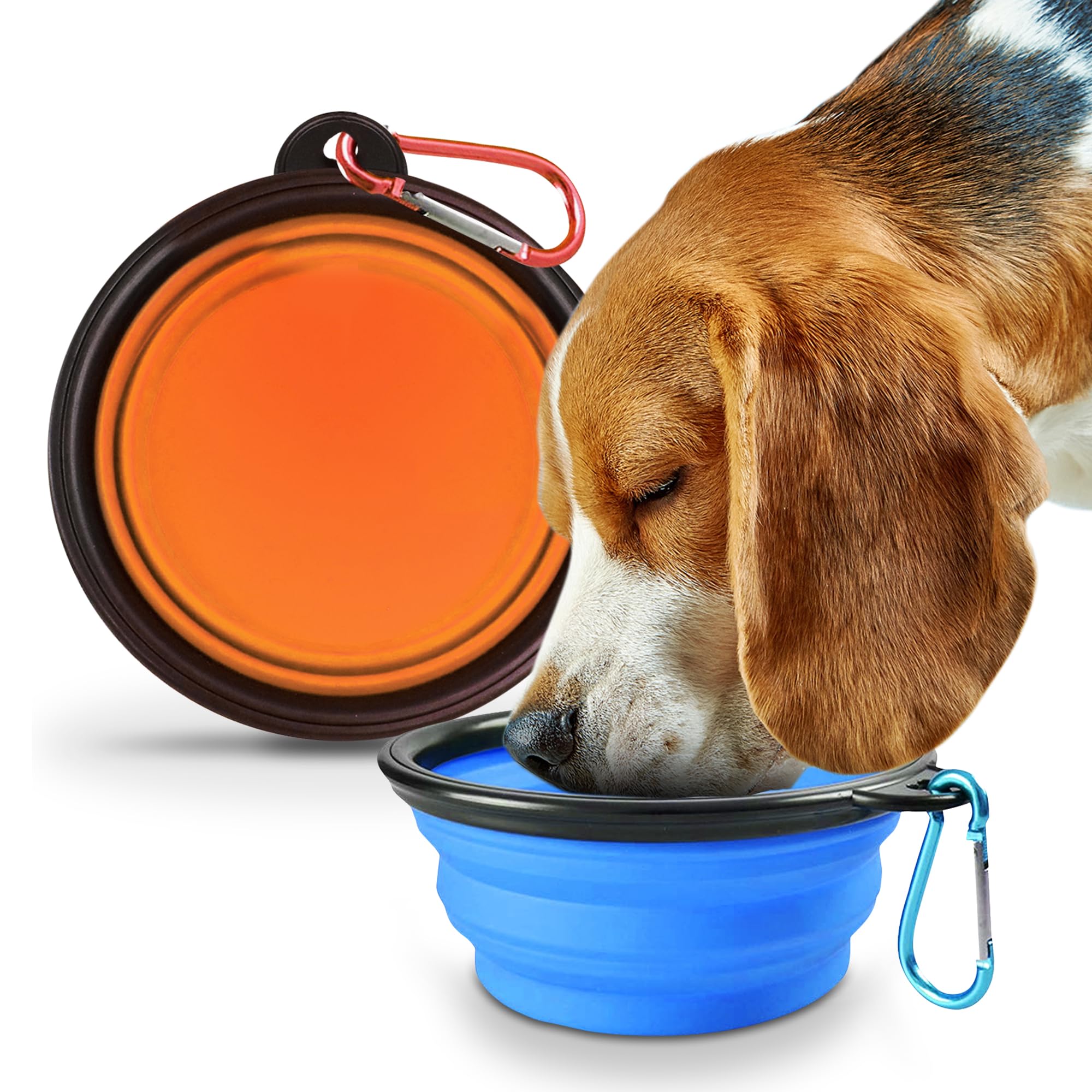 SOL 2pk Large Collapsible Dog Bowl, Portable Silicone Adjustable Clip Dog Travel Bowl, Foldable Food & Water Bowl with Carabiner Clip for Outdoor Pet Pups Use, Light Durable Compact Design Easy Carry