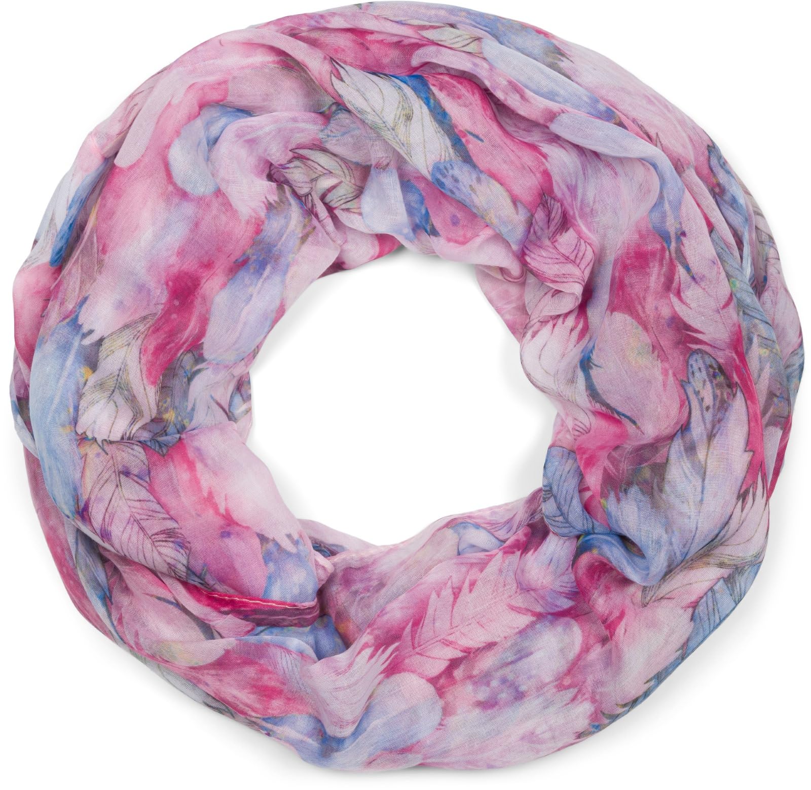 Stylebreaker Women's Pink / Pink-Blue Loop Scarf With Colorful Feather Pattern, Lightweight Summery Boho Infinity Scarf Multicolored 01016239, Colour:pink/Pink-Blue