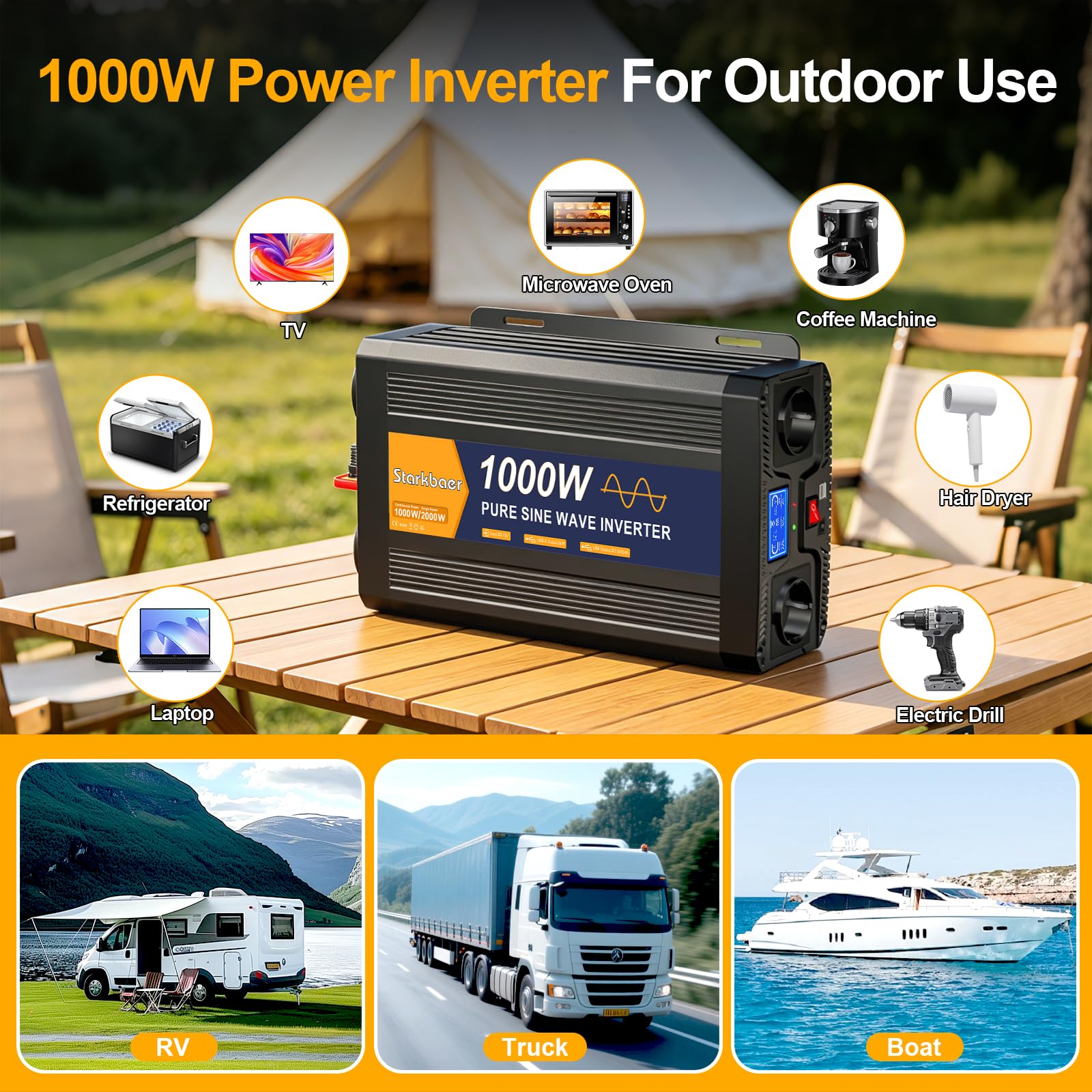 1000W czysty falownik sinusoidalny Przetwornica napięcia 12V do 230V konwerter samochodowy falownik z wyświetlaczem LCD zdalnego sterowania 2 gniazdami AC-pilot i 1×USB5V2.4A,1×Type-C