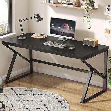 HSH Black Computer Desk، Long Home Office Laptop PC Desk، Large Industrial Metal Wood Executive Writing Gaming Workstation Desk، Modern Simple Student Study Work Table for Bedroom Living Room، 60 Inch