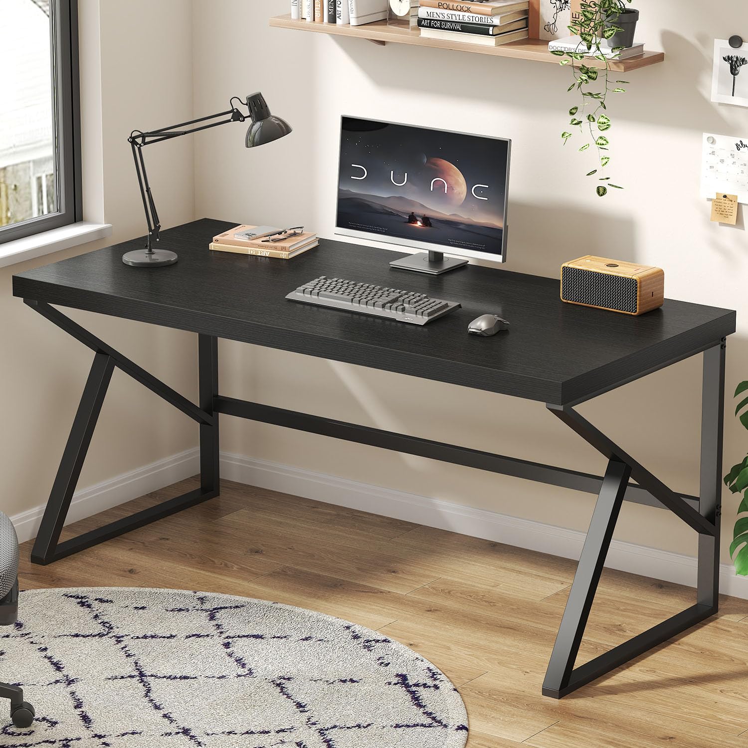 HSH Black Computer Desk, Long Home Office Laptop PC Desk, Large Industrial Metal Wood Executive Writing Gaming Workstation Desk, Modern Simple Student