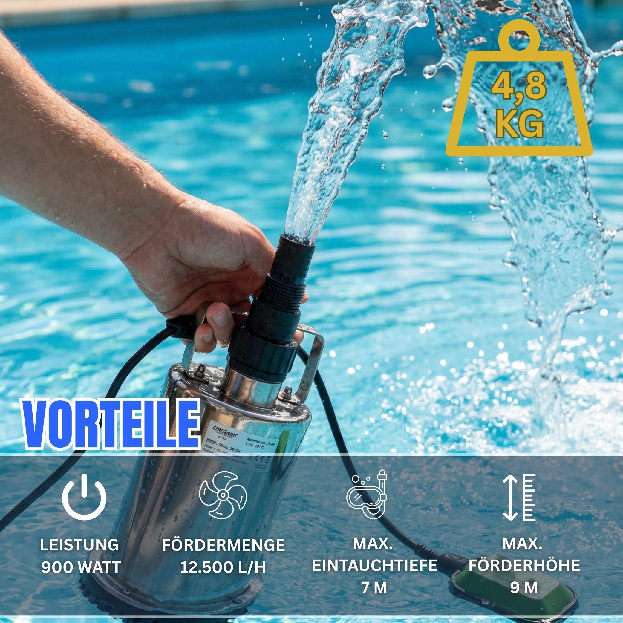 Flachsaugende Edelstahl Tauchpumpe 900 Watt Schmutzwasser geeignet Fördermenge und Hubhöhe 12500l/h 9 Meter mit Schwimmschalter und Dauerbertieb funktion