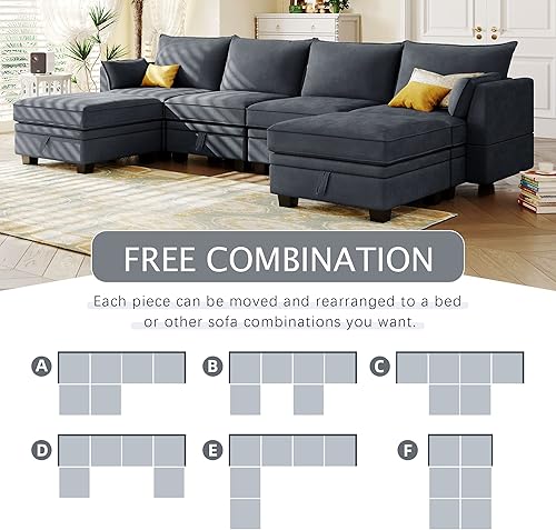 Miniatura 4 de MOEO Sofá modular en forma de U sofá modular convertible para sala de estar sofá de 6 piezas con almacenamiento y dos almohadas tela de lino de