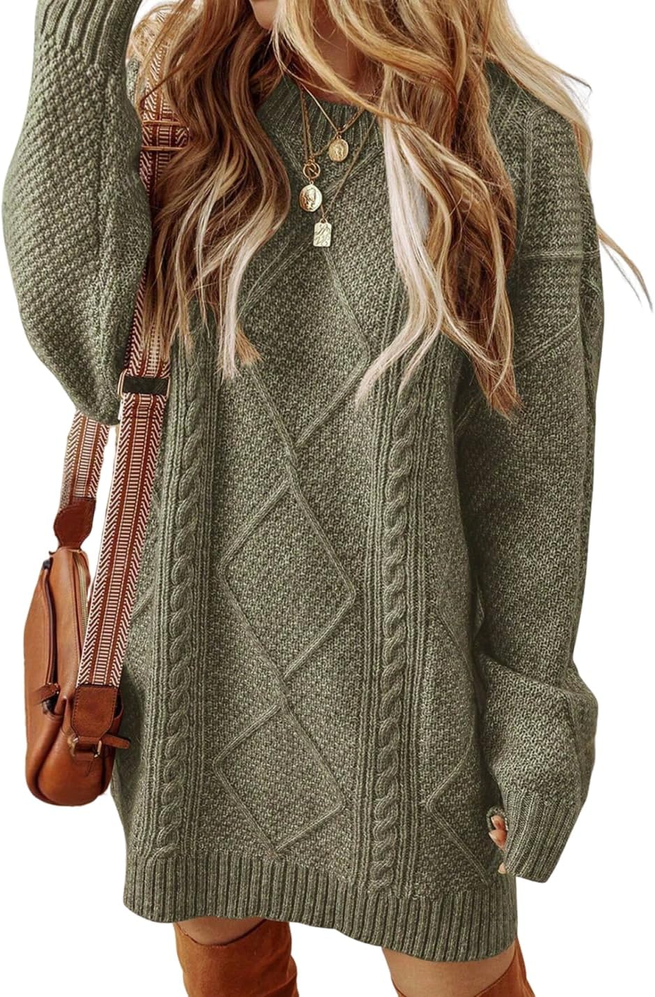 ZAFUL Women's Cable Knit Sweater Dress Long Sleeve Loose Crew Neck Pullover Tunic Mini Sweater Dress Fall Winter Outfits