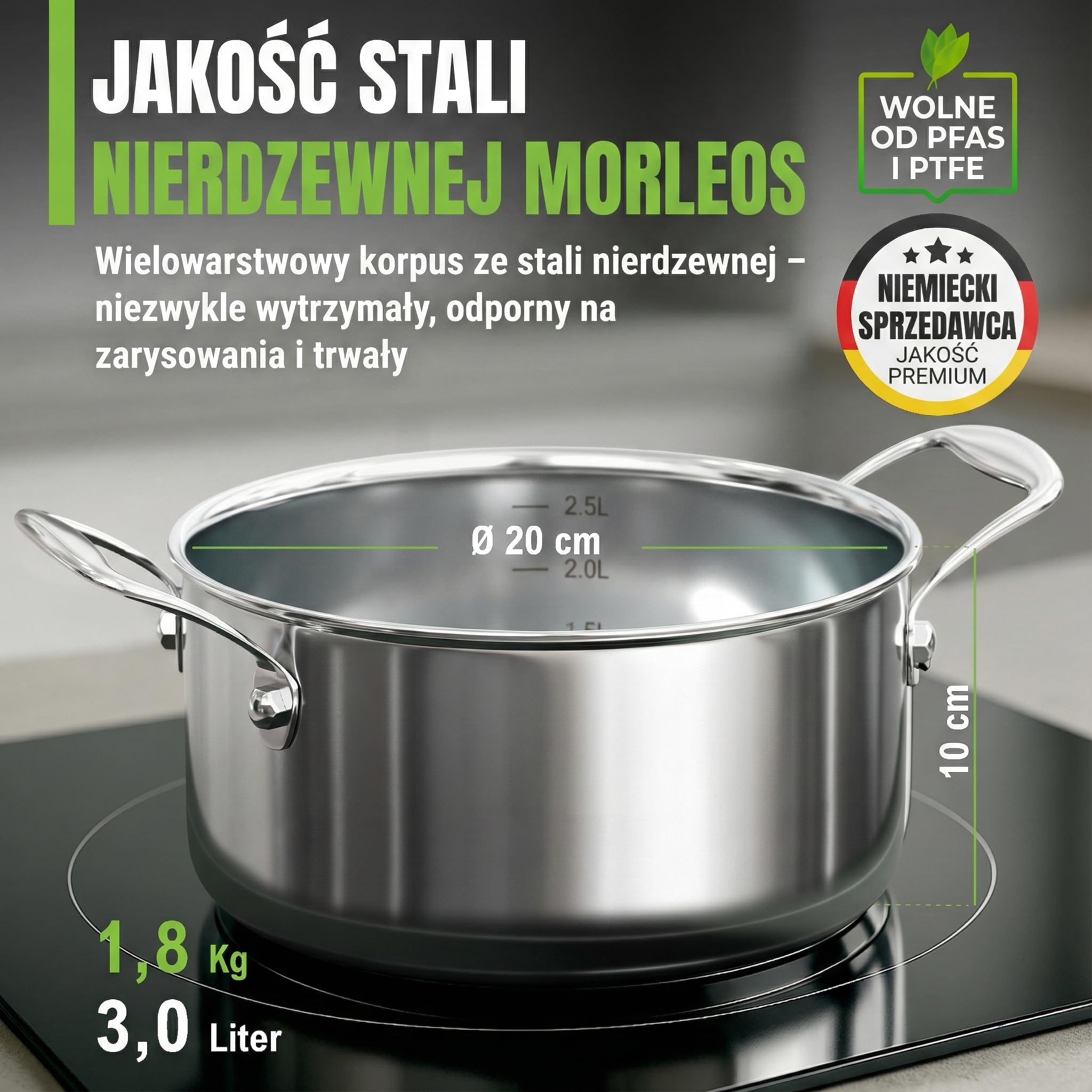 Garnek do zupy Ø 20 x 10 cm 3 l - 1,8 kg - garnek ze stali nierdzewnej nadaje się do kuchenek indukcyjnych, nadaje się do mycia w zmywarce - nowoczesna płaska szklana pokrywka - 5-warstwowa