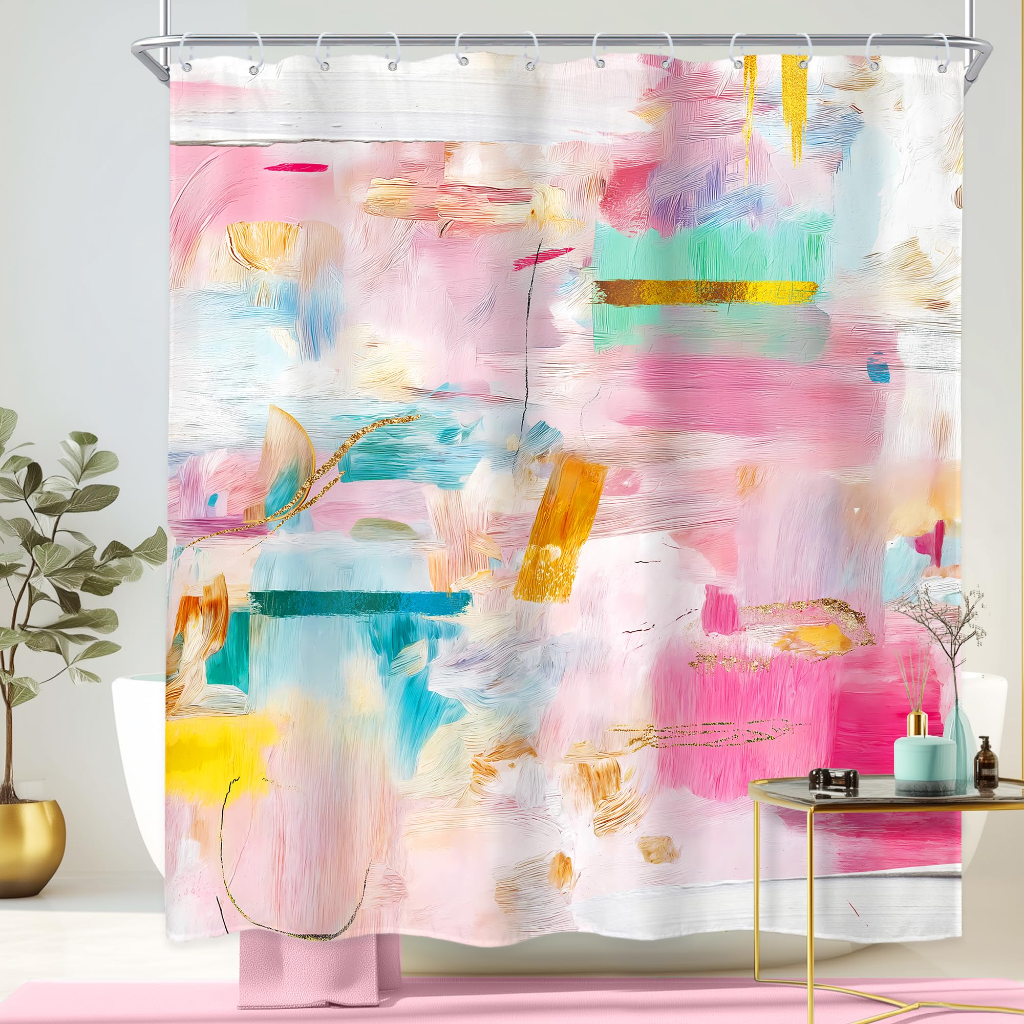 Newsely Abstract Oil Painting Shower Curtain 60Wx72L Inch Pink Green Golden Ombre Minimalist Simple Luxury Modern Bathroom Set Aesthetic Waterproof Bath Decoration Accessories Home Decor