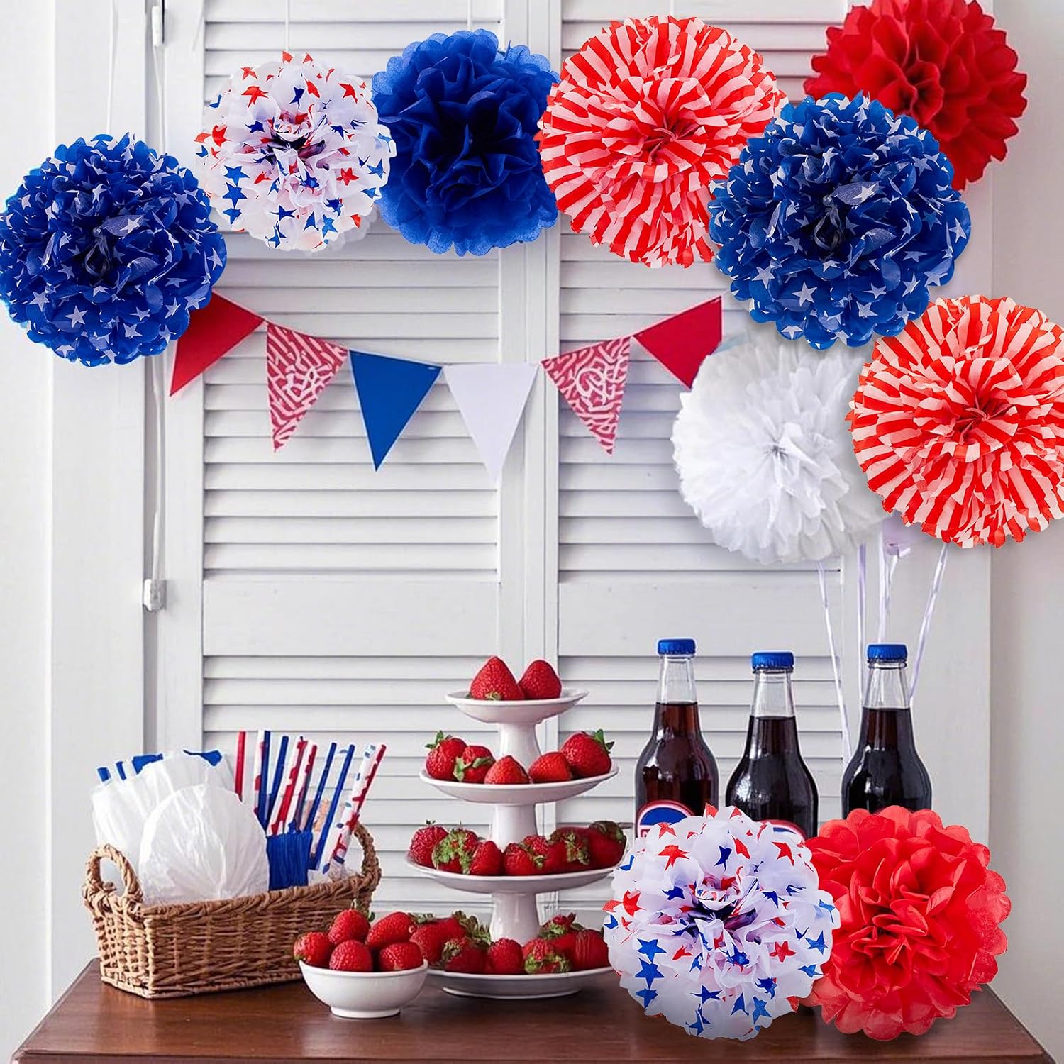 12 Pcs Patriotic Tissue Paper Pom Pom Flowers, Red White Blue 4th of July Party Decorations, Independence Day Memorial Day Backdrop Holiday Home Decor USA Flag Theme Party Supplies