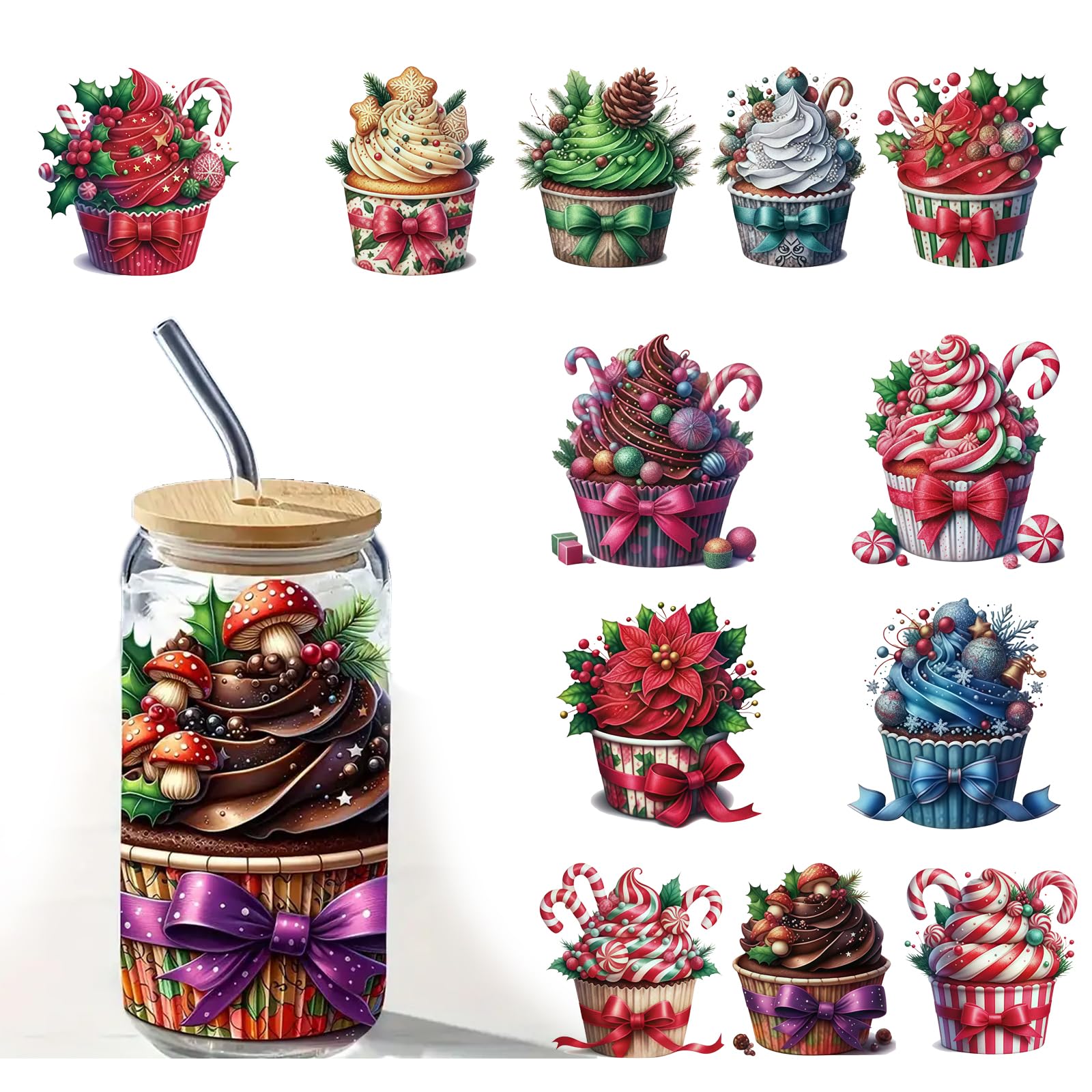 5pcs Festive Cupcake & Dessert UV DTF Cup Wraps Winter UV DTF Transfer Waterproof Sticker for Glass Cups Furniture Craft DIY Crafts，Rub on Transfer Stickers for DIY Water Bottle Laptop Decal Wood Car