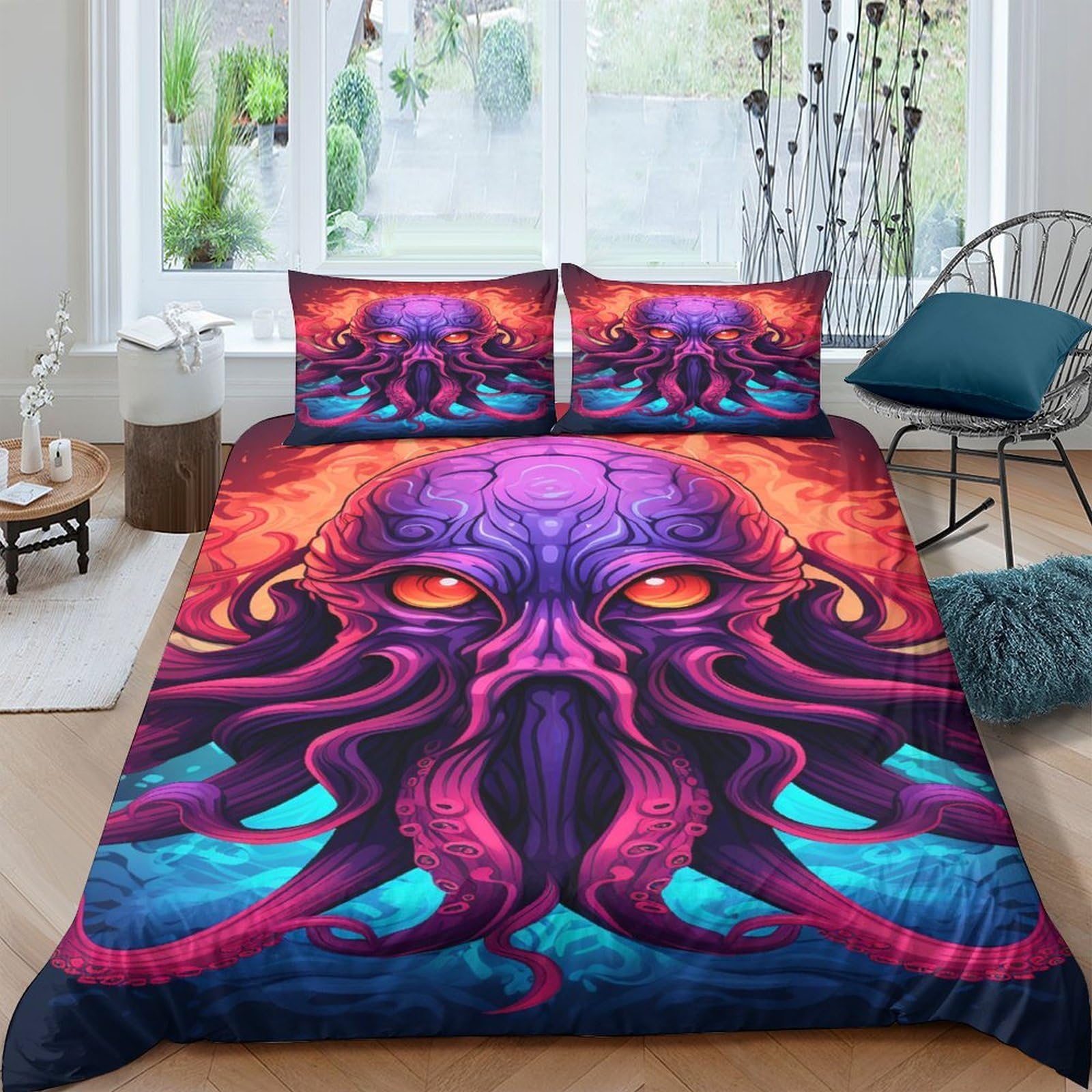 Ctjqhvkz Style-4 3D Printed Cthulhu Tentacle Fitted Sheet Microfiber Vibrant Purple Orange Bed Sheet Decor For Bedroom Guest Room Single（135X200cm）