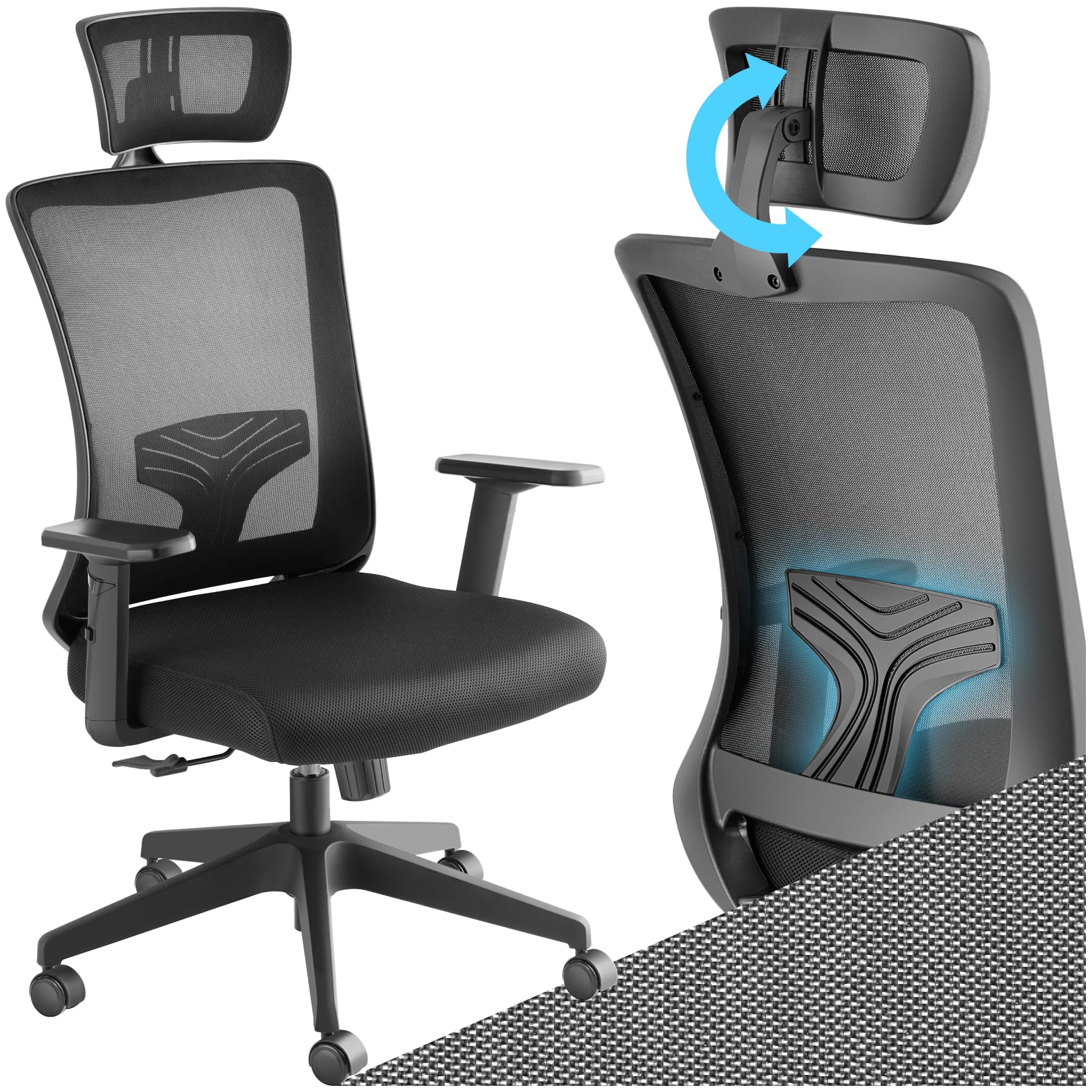 TecTake® Silla Oficina Giratoria 360°, Alto Respaldo con Reposacabezas, Apoyo Lumbar, Silla Escritorio con Amortiguador de Gas, Tejido de Malla Transpirable, Silla Ergonomica Escritorio - Negro