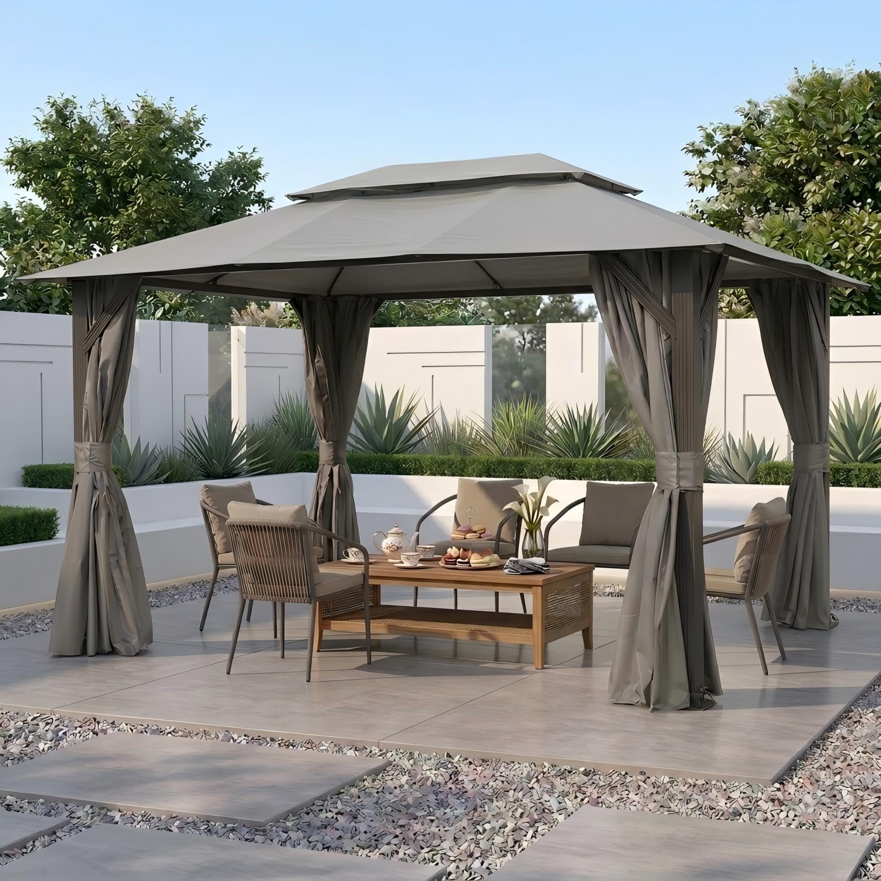 Domi 10’x13’ Outdoor Gazebo for Patio, Soft Top Metal Gazebos with Double Roofs, Heavy Duty Party Tent with Mosquito Netting and Privacy Curtains for Backyard Garden Lawn Deck (Grey)